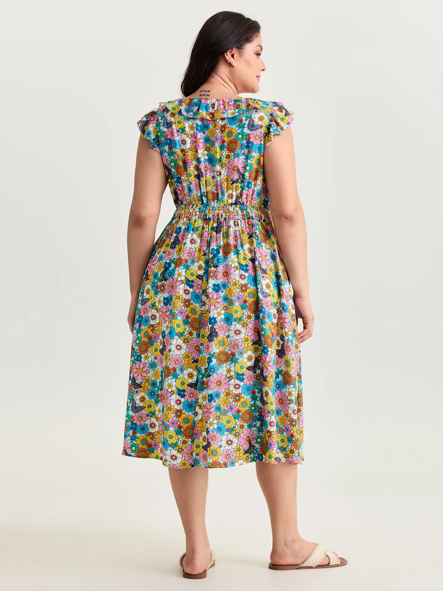 Playful Floral Print Ruffled Straps Midi Dress - Image 4