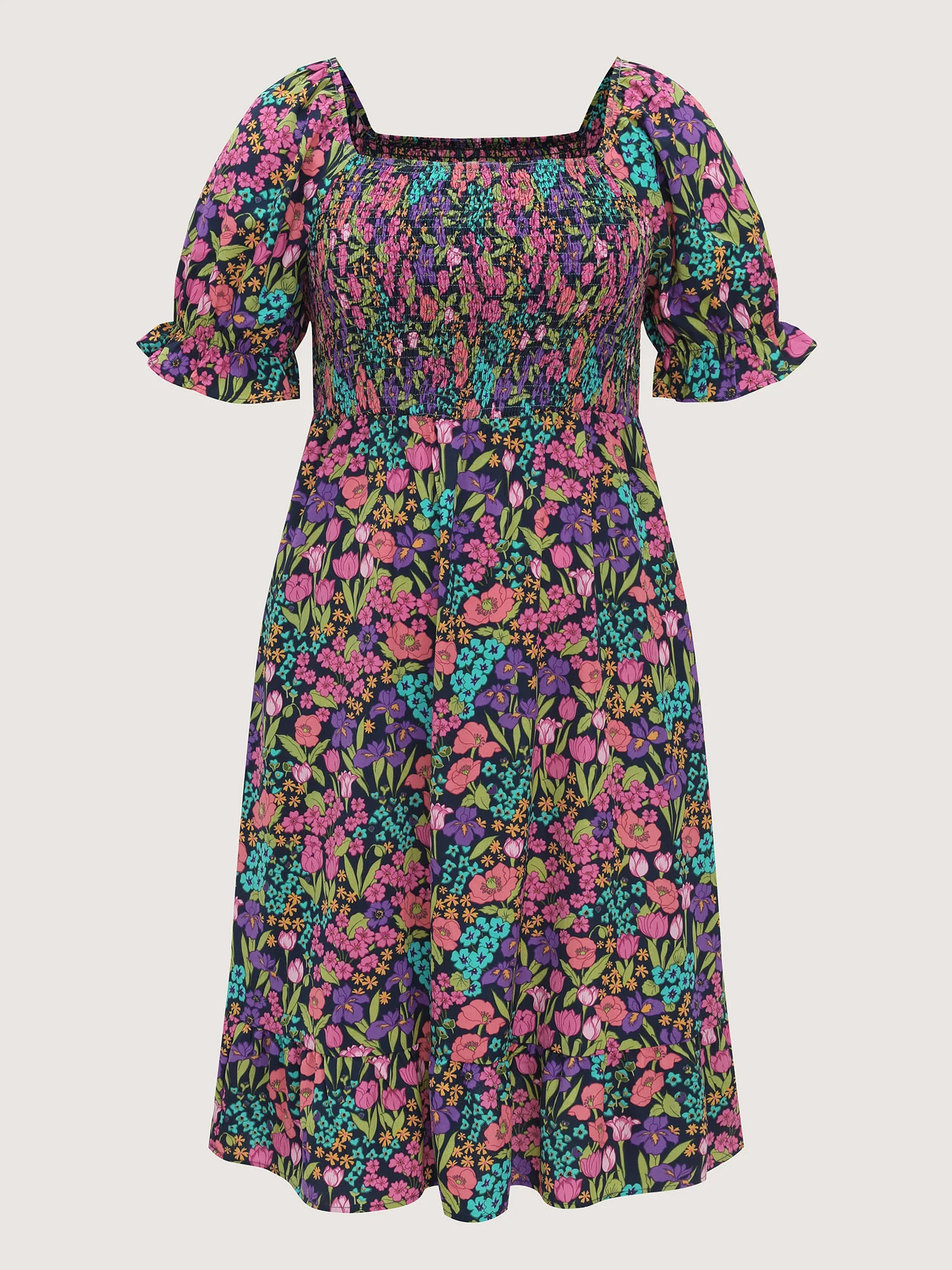Playful Floral Print Shirred Midi Dress - Image 7