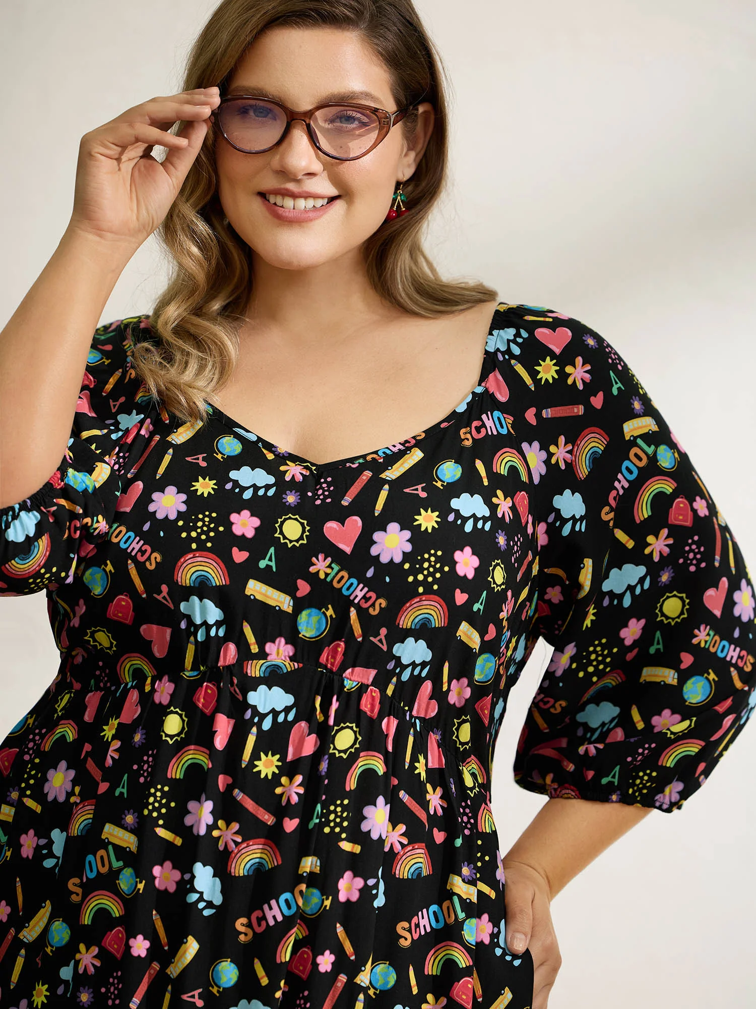 Playful School Print Rayon Deep Neck Midi Dress - Image 2