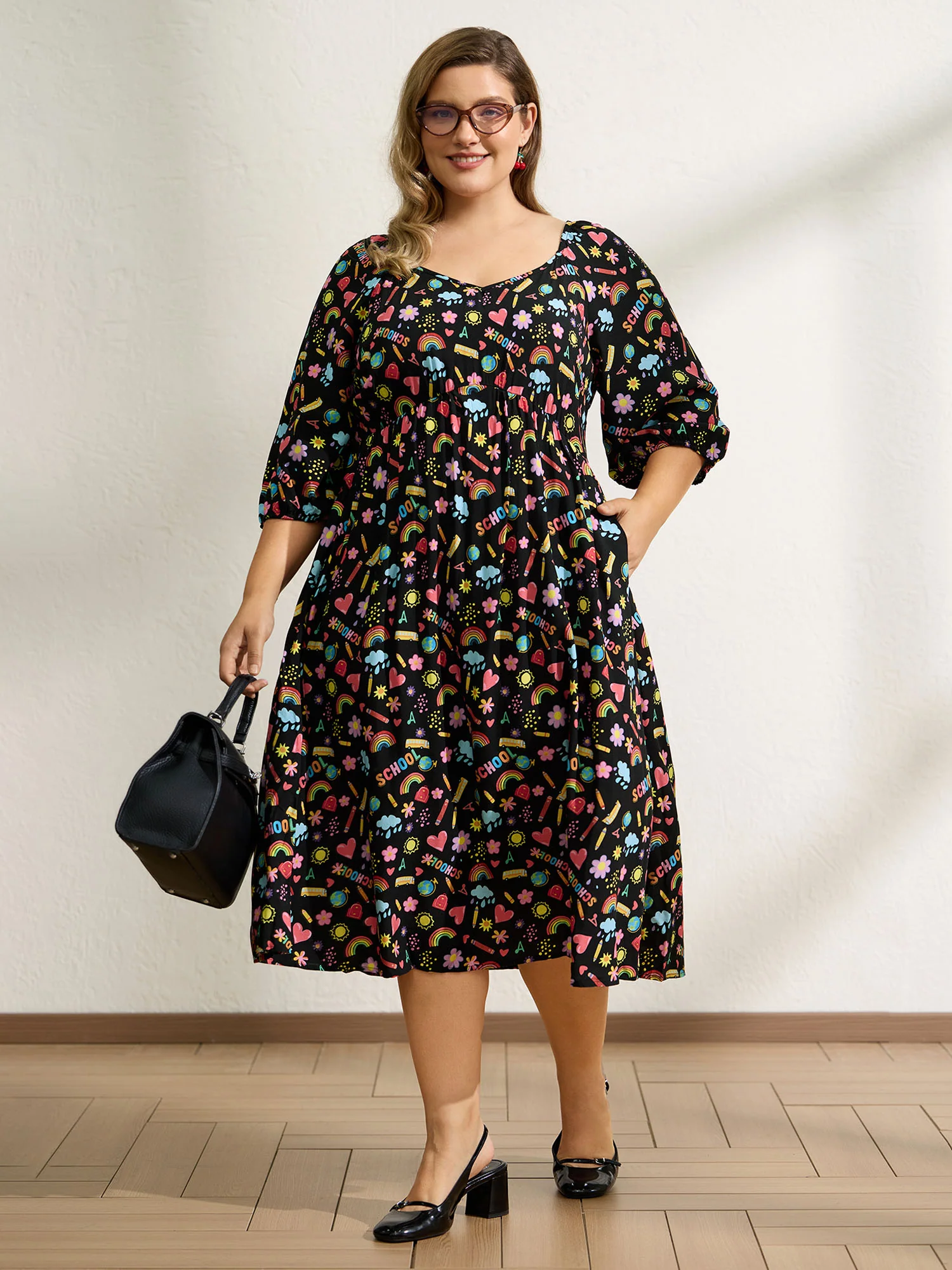 Playful School Print Rayon Deep Neck Midi Dress - Image 3