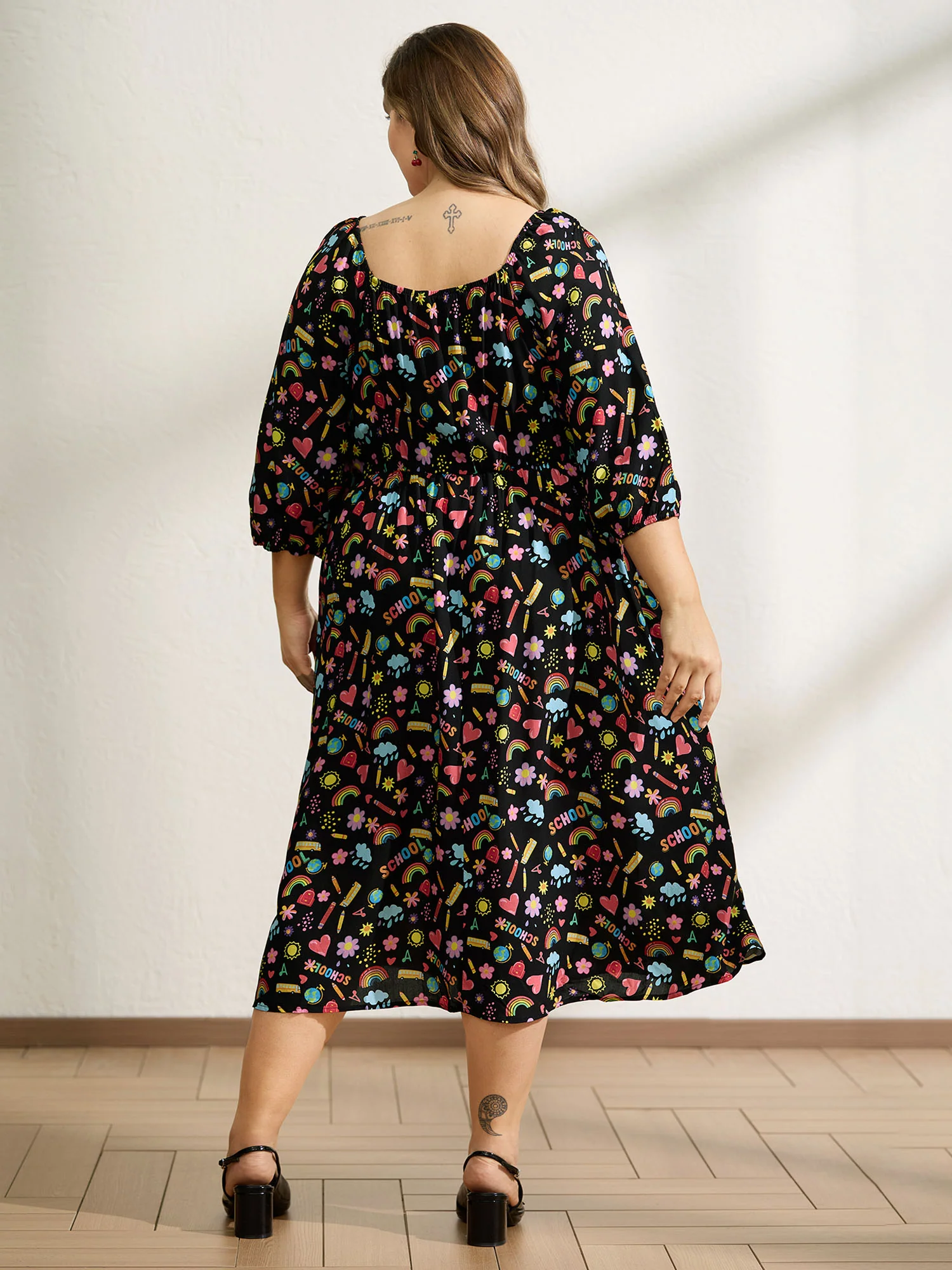 Playful School Print Rayon Deep Neck Midi Dress - Image 4