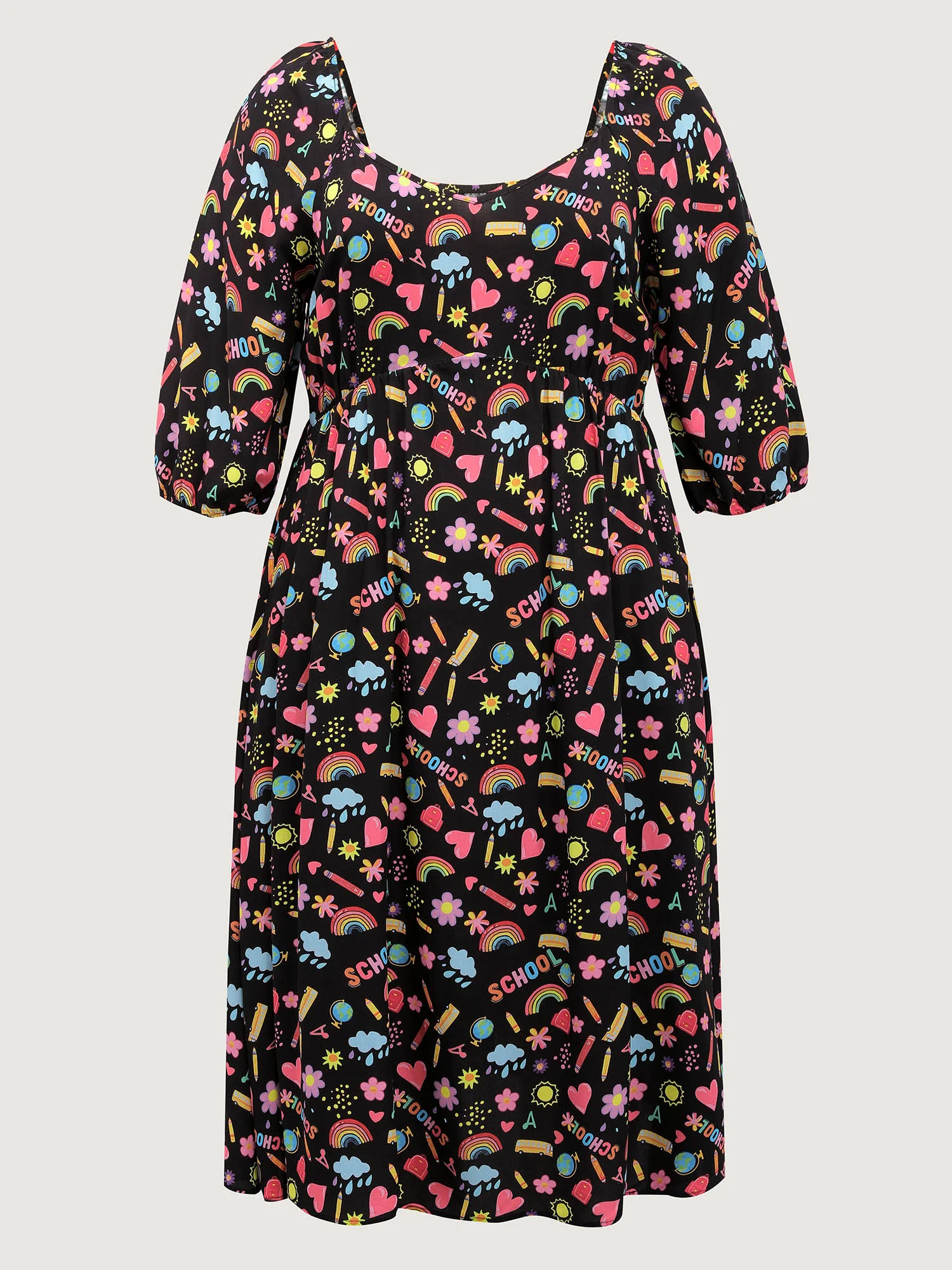 Playful School Print Rayon Deep Neck Midi Dress - Image 7