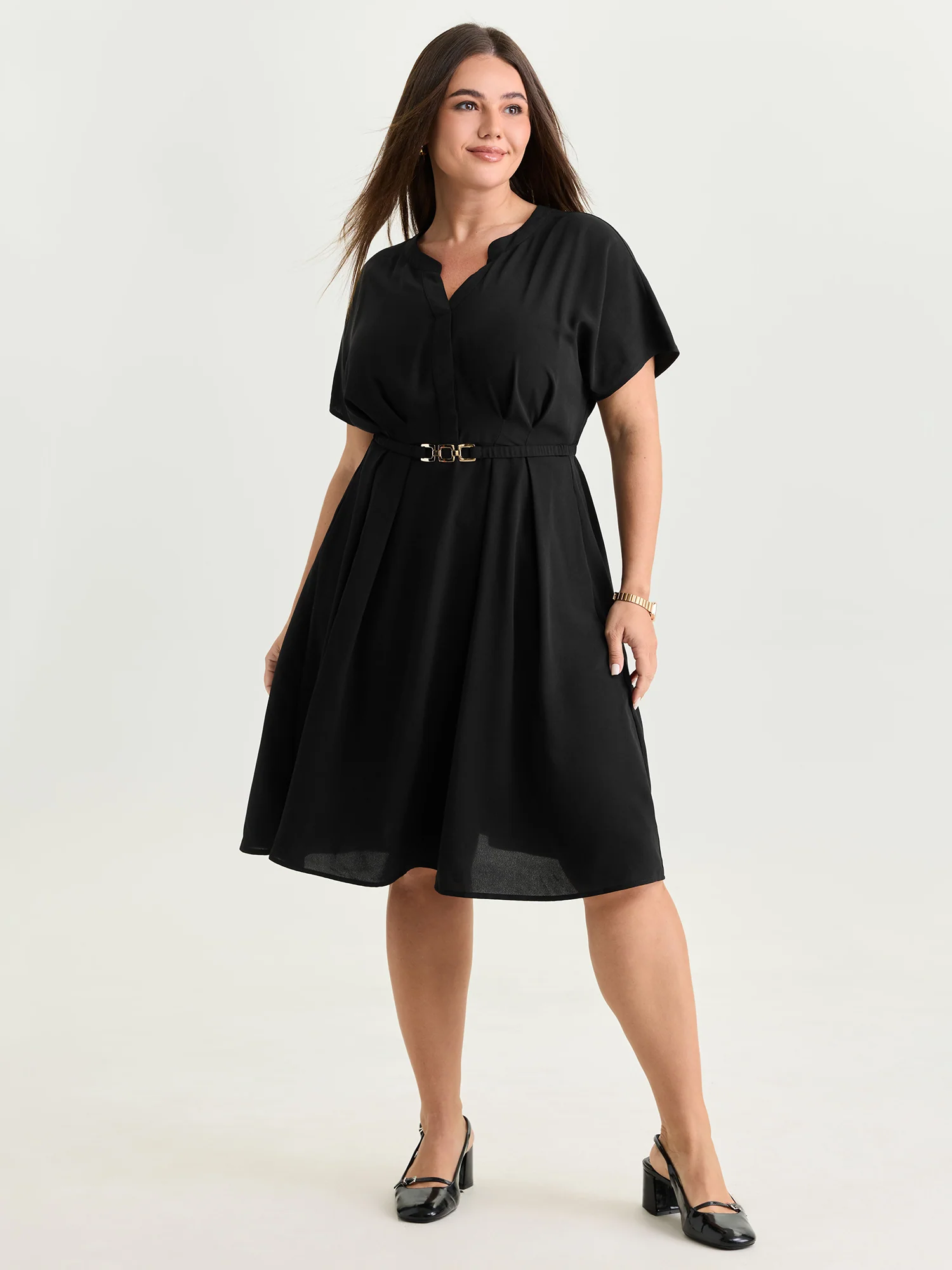 Pleated Belted Detail Pockets Midi Dress - Image 3