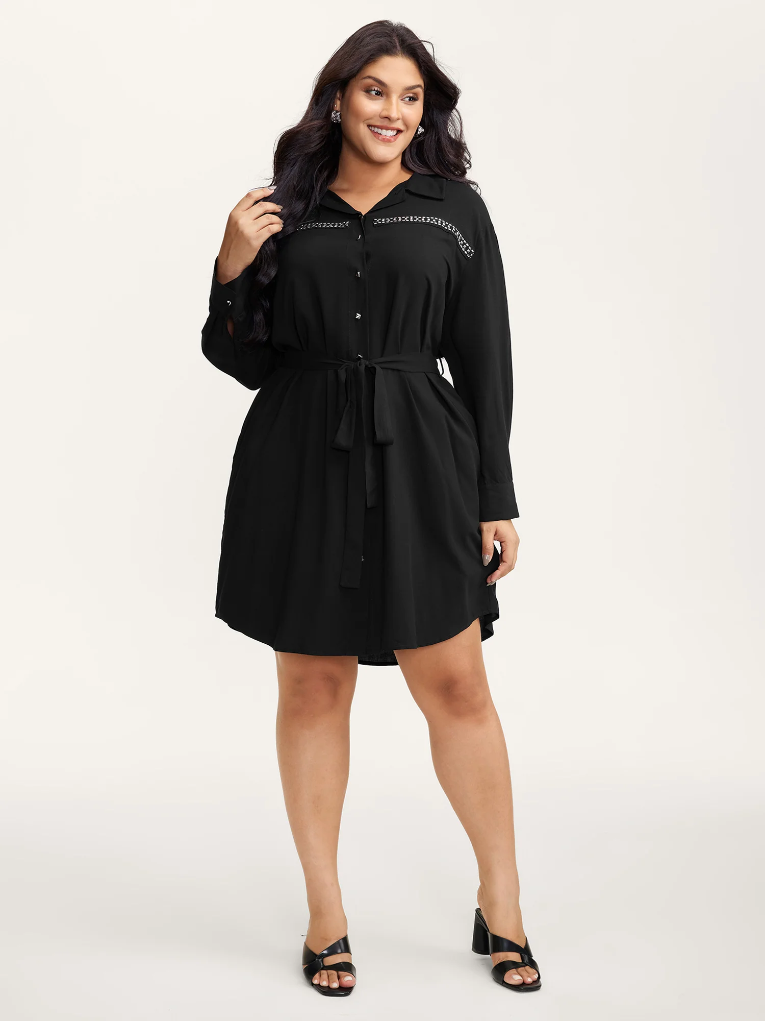 Pleated Belted Waist Midi Shirt Dress - Image 3