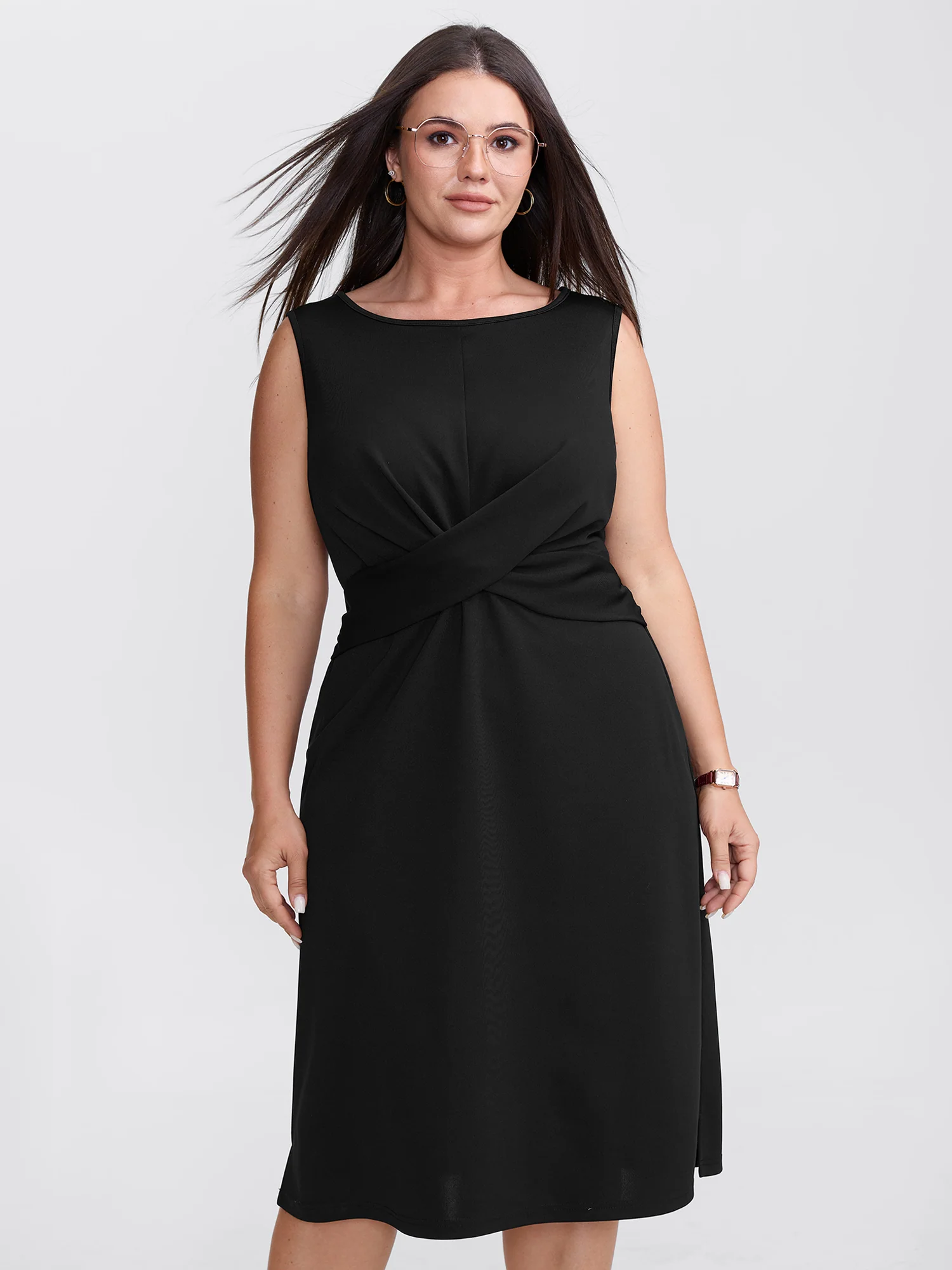 Pleated Crossover Waist Sheath Midi Dress - Image 2