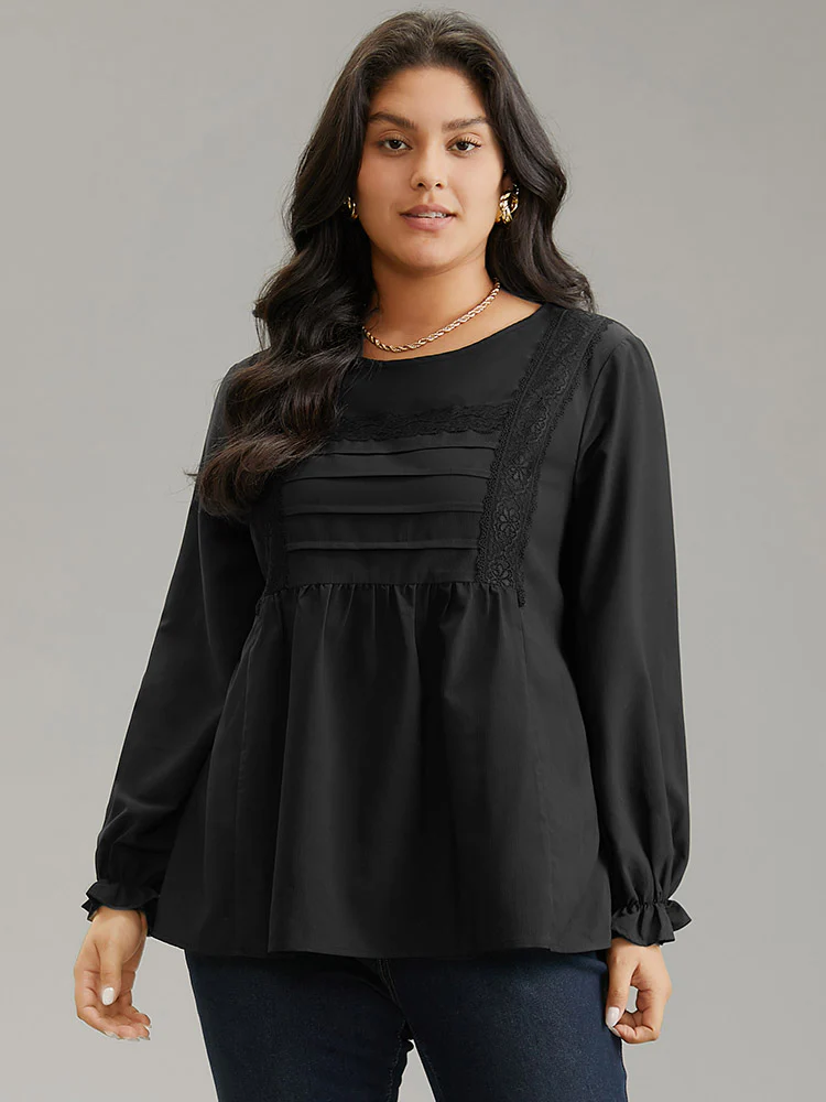 Pleated Detail Contrast Lace Ruffle Blouse - Image 3