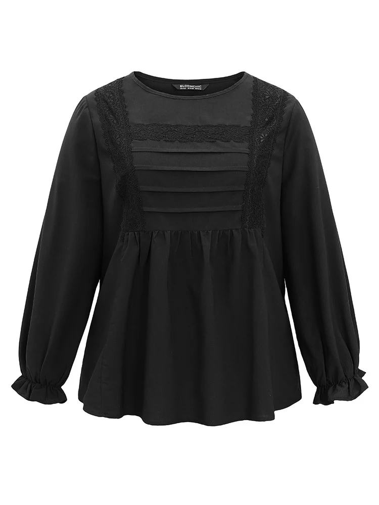 Pleated Detail Contrast Lace Ruffle Blouse - Image 6
