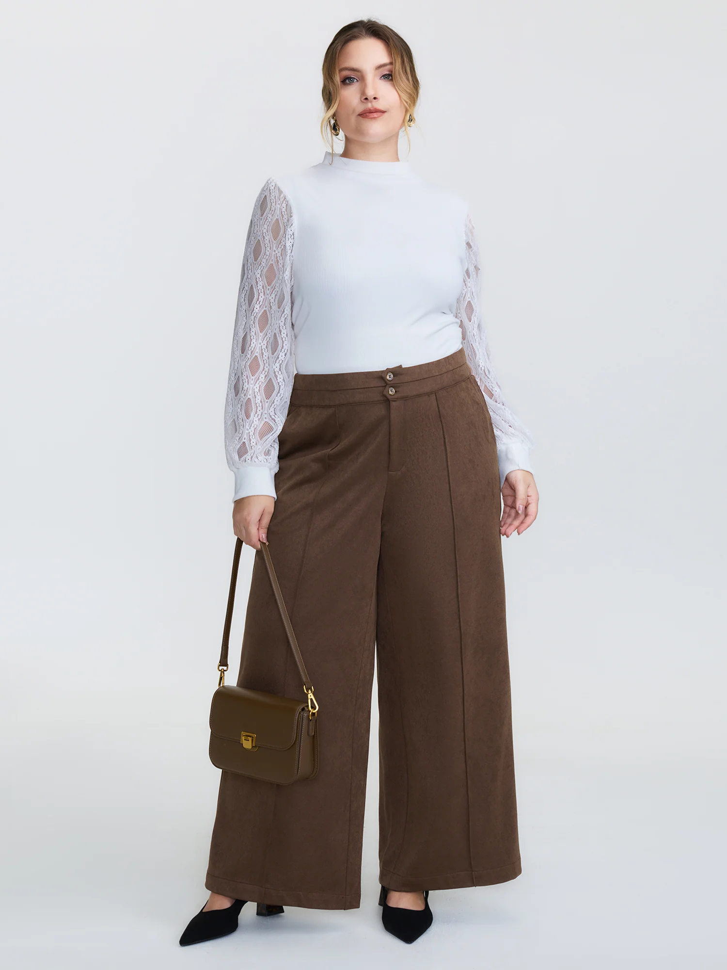 Pleated Double Button Flared Hem Pants - Image 2