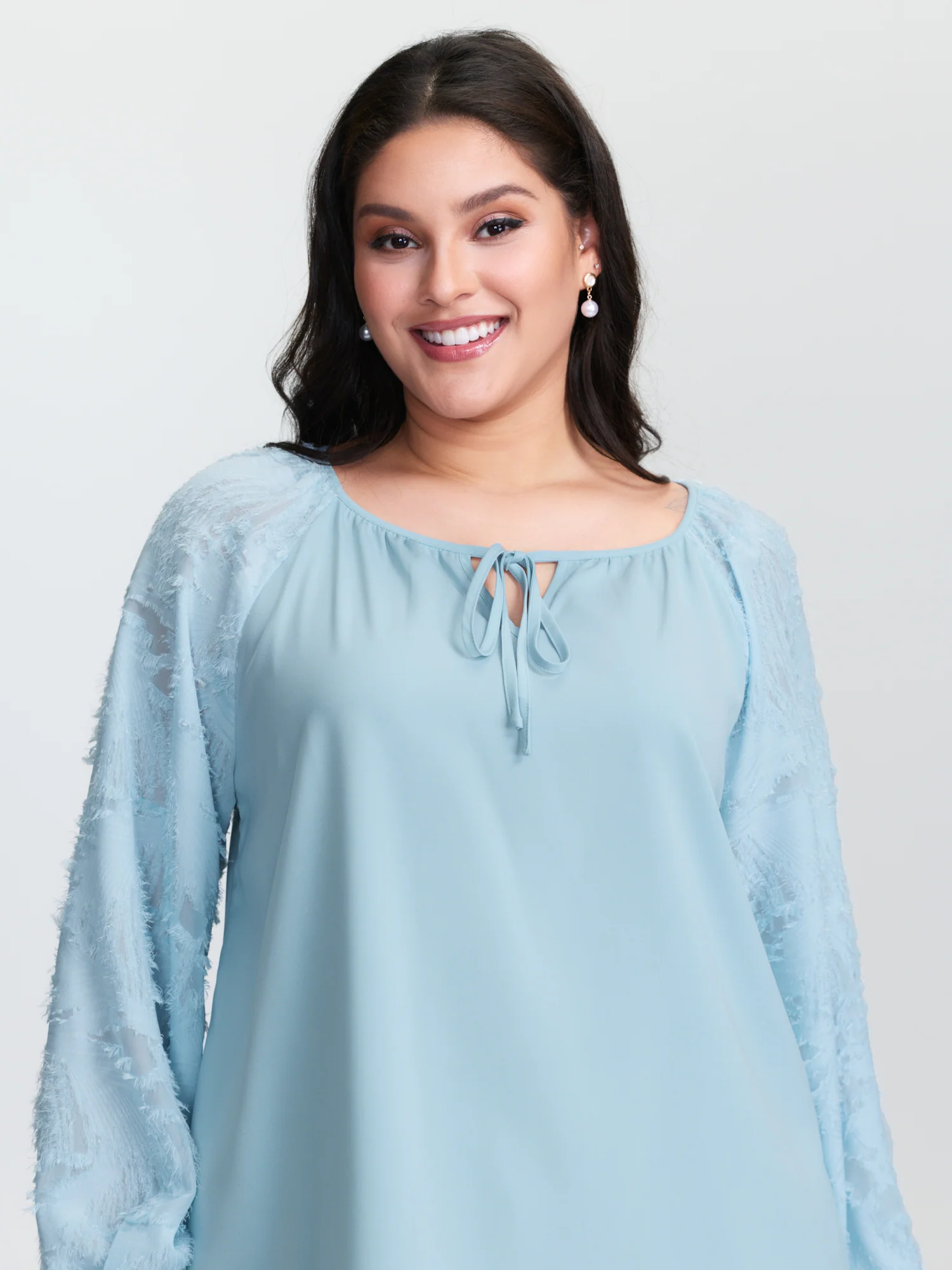 Pleated Drawstring Neckline Plain Blouse - Image 2