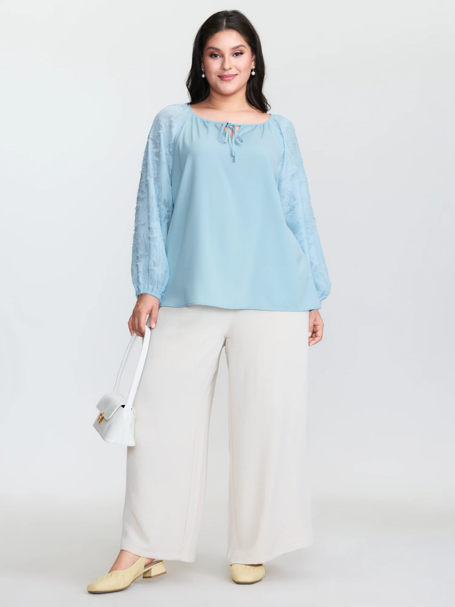 Pleated Drawstring Neckline Plain Blouse - Image 3