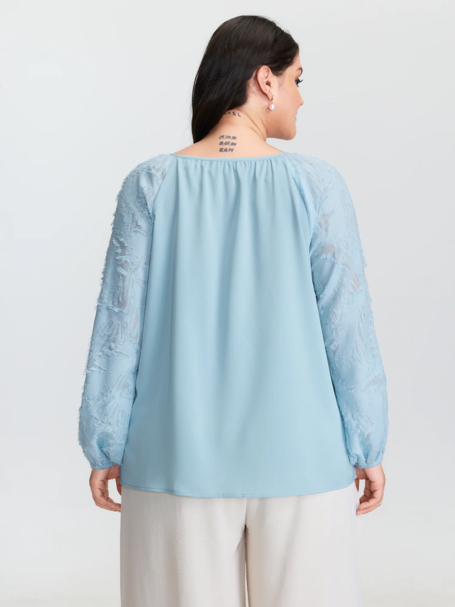 Pleated Drawstring Neckline Plain Blouse - Image 4