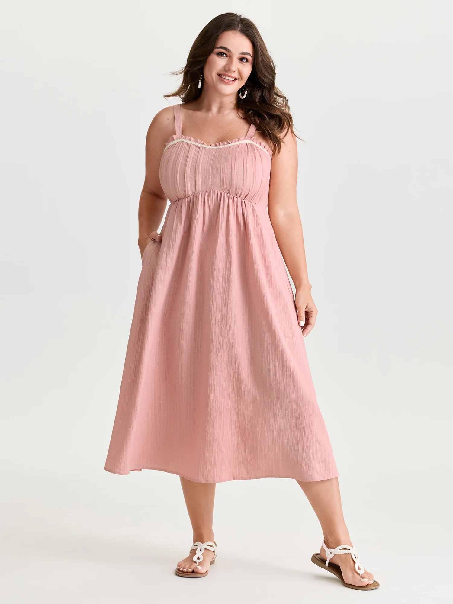 Pleated Front Textured Wide Strap Midi Dress - Image 2