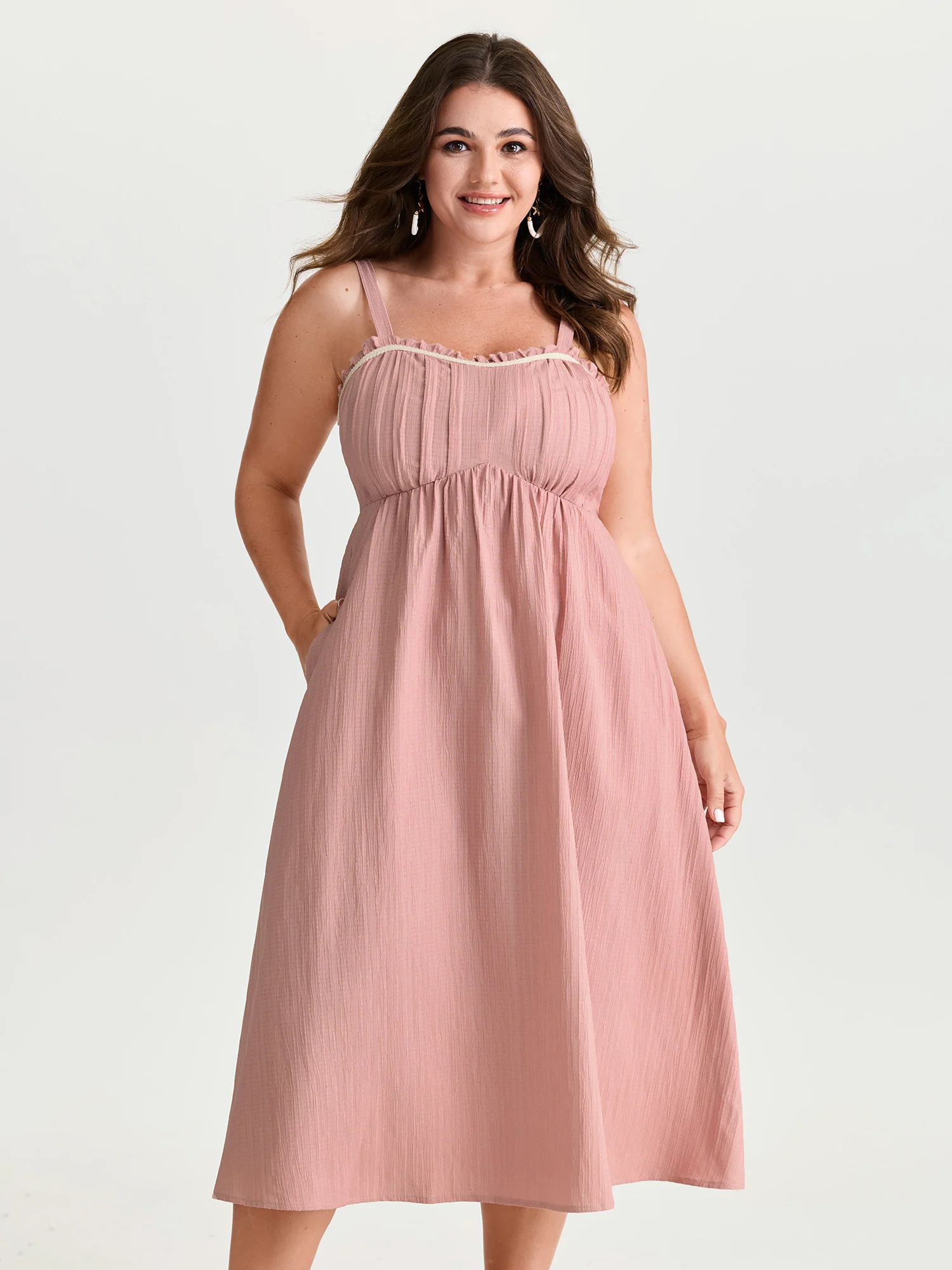 Pleated Front Textured Wide Strap Midi Dress - Image 3