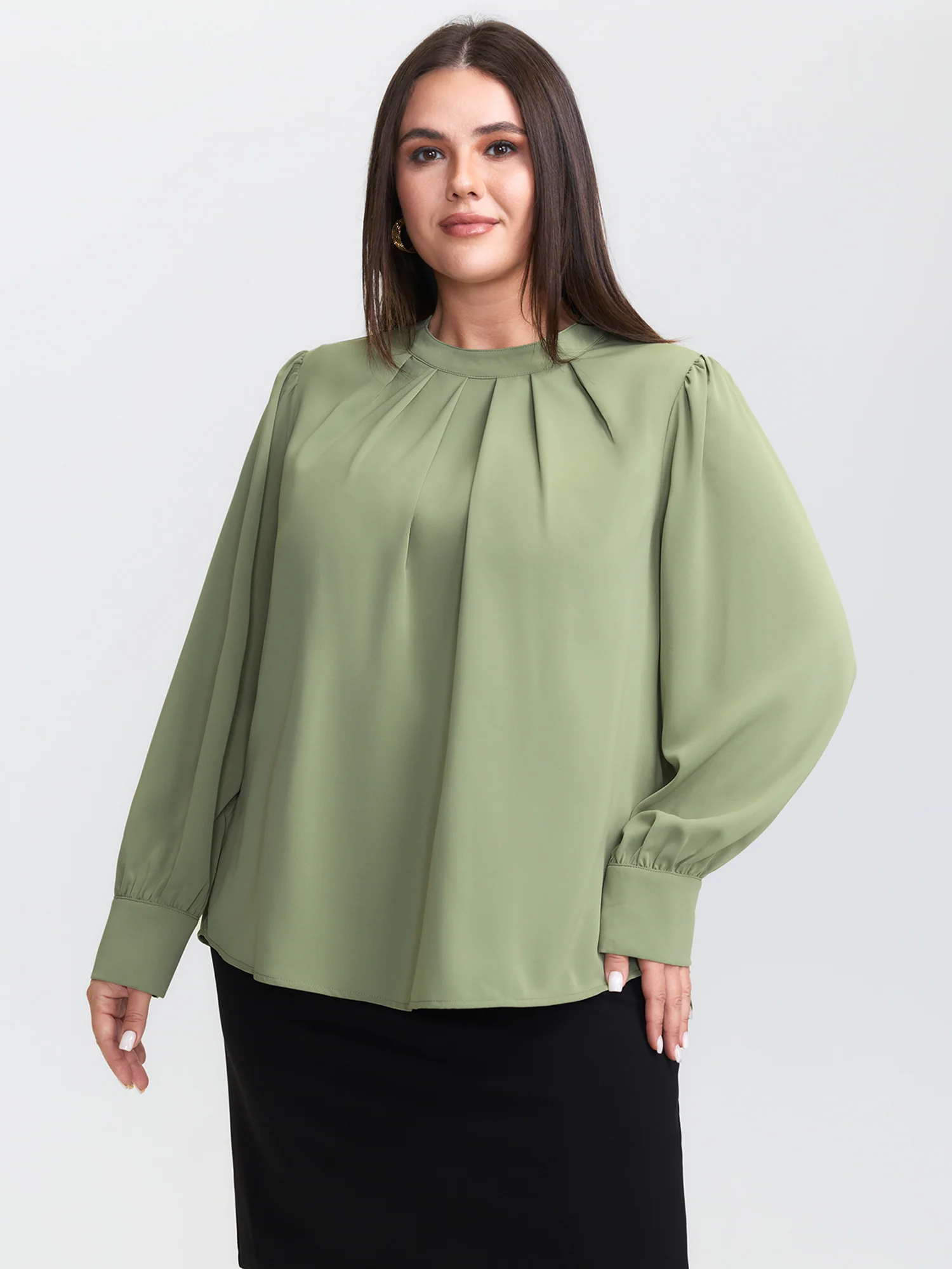 Pleated High Neckline Solid Blouse - Image 3