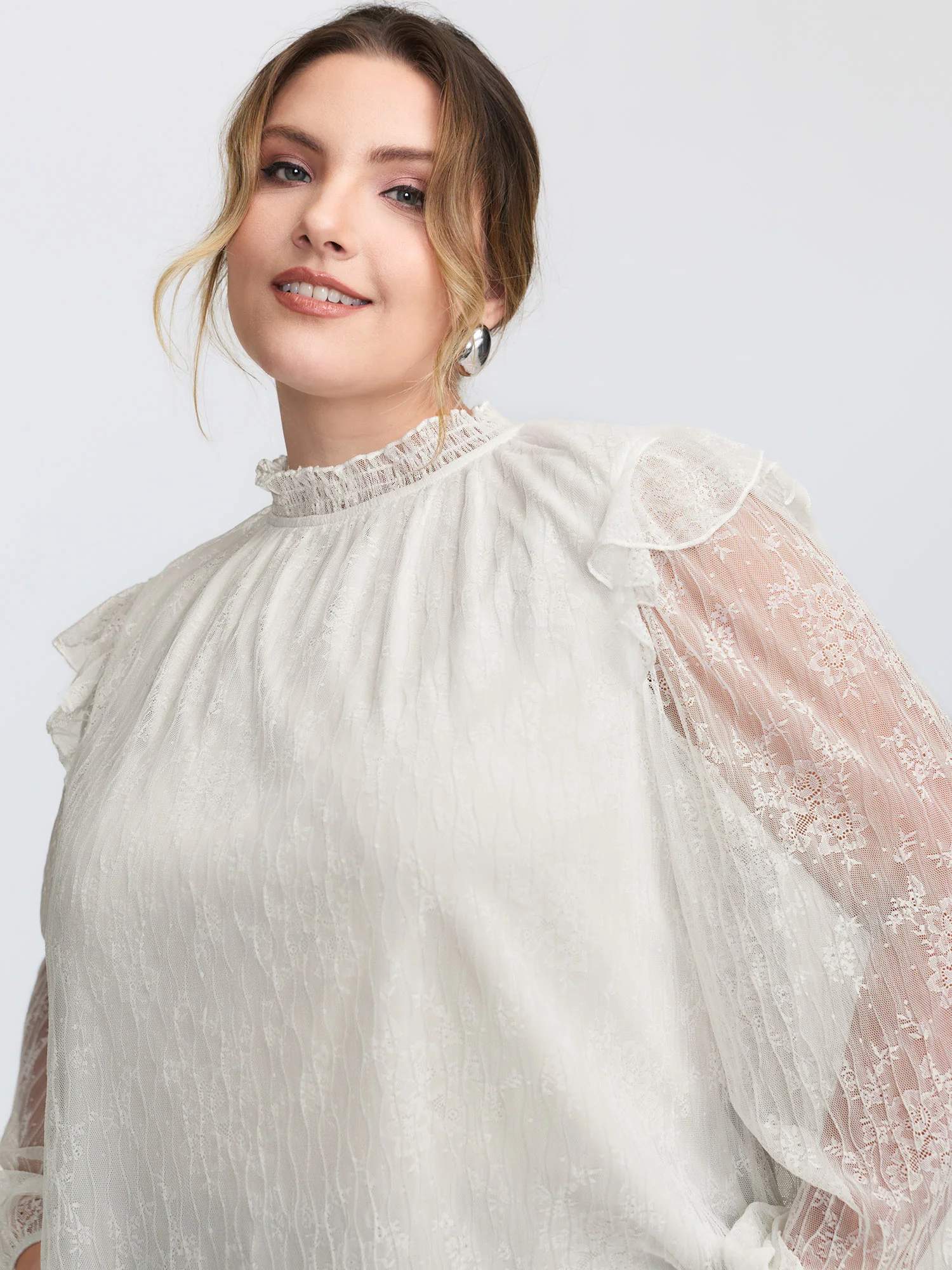 Pleated Lace Mock Neckline Sheer Blouse - Image 2