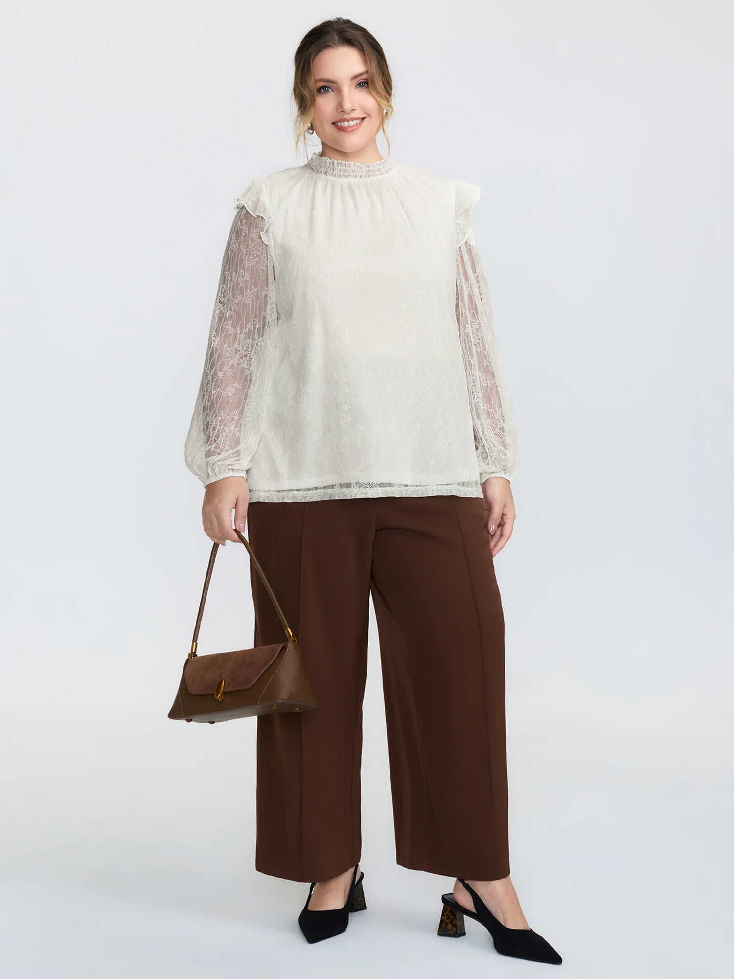Pleated Lace Mock Neckline Sheer Blouse - Image 3