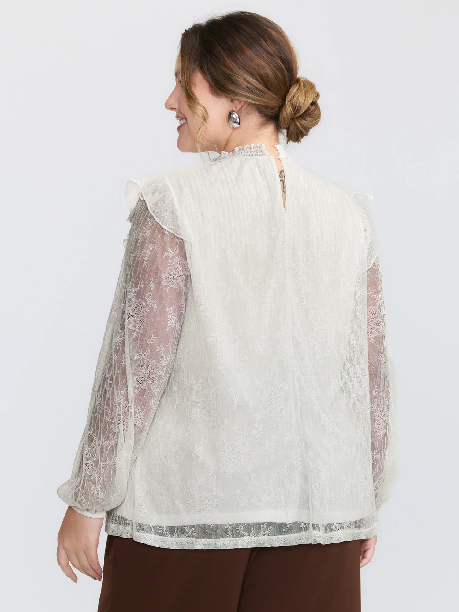 Pleated Lace Mock Neckline Sheer Blouse - Image 4
