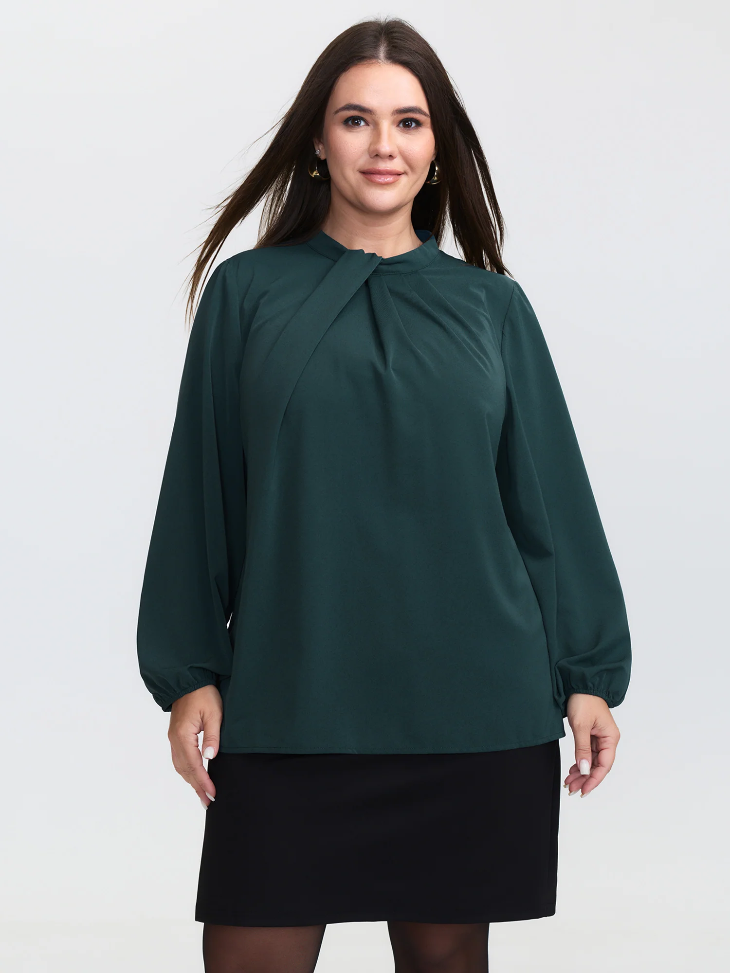 Pleated Mock Neck Long Sleeve Blouse - Image 2