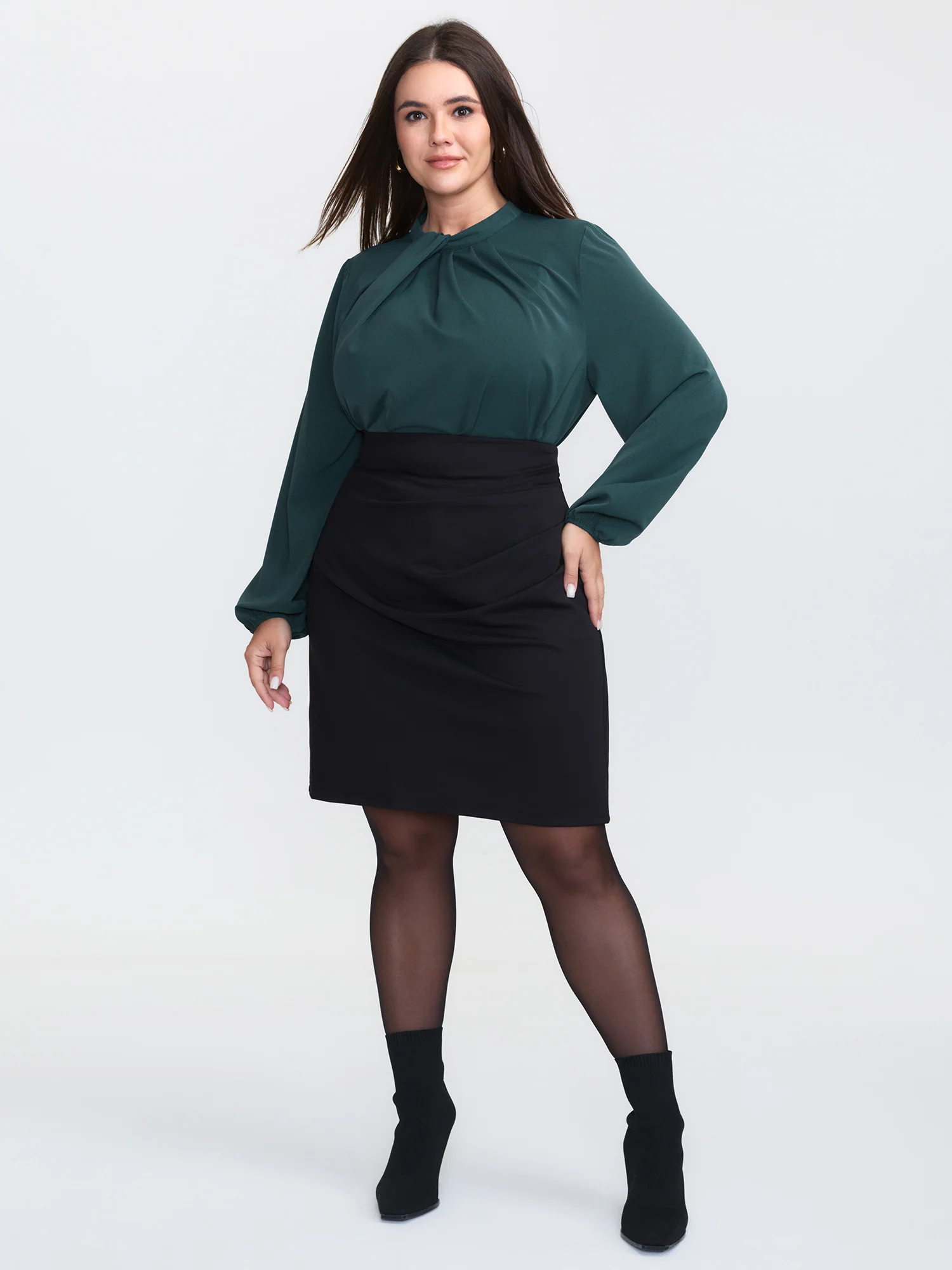 Pleated Mock Neck Long Sleeve Blouse - Image 3
