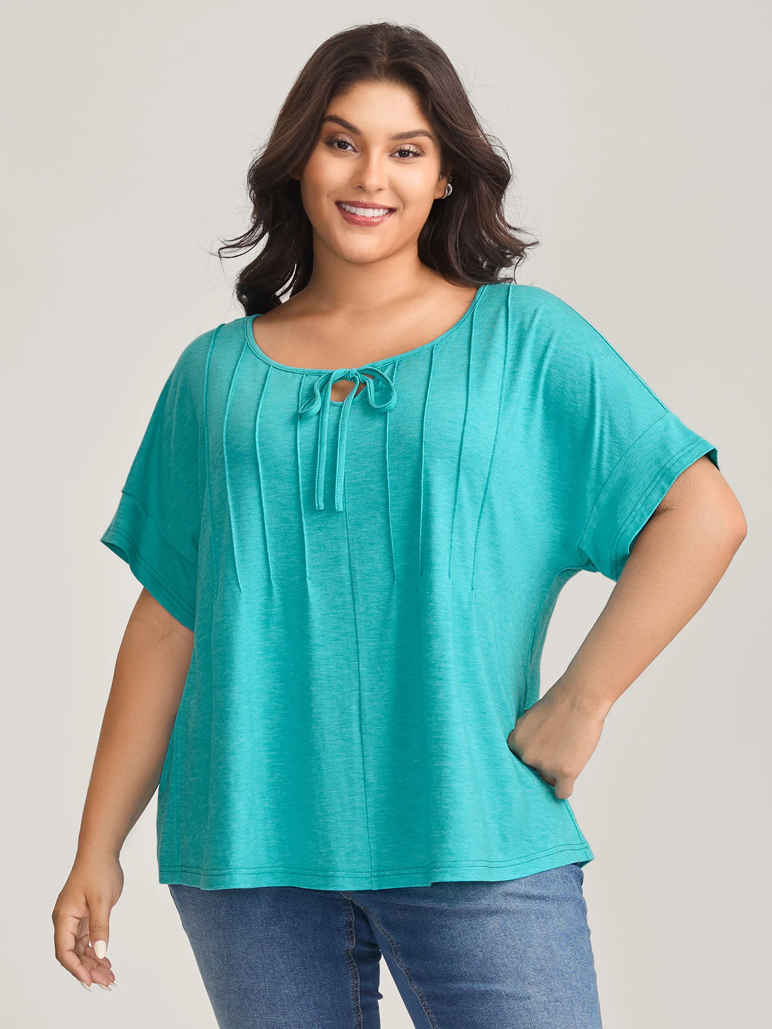 Pleated Neck-Tie Solid T-Shirt - Image 2