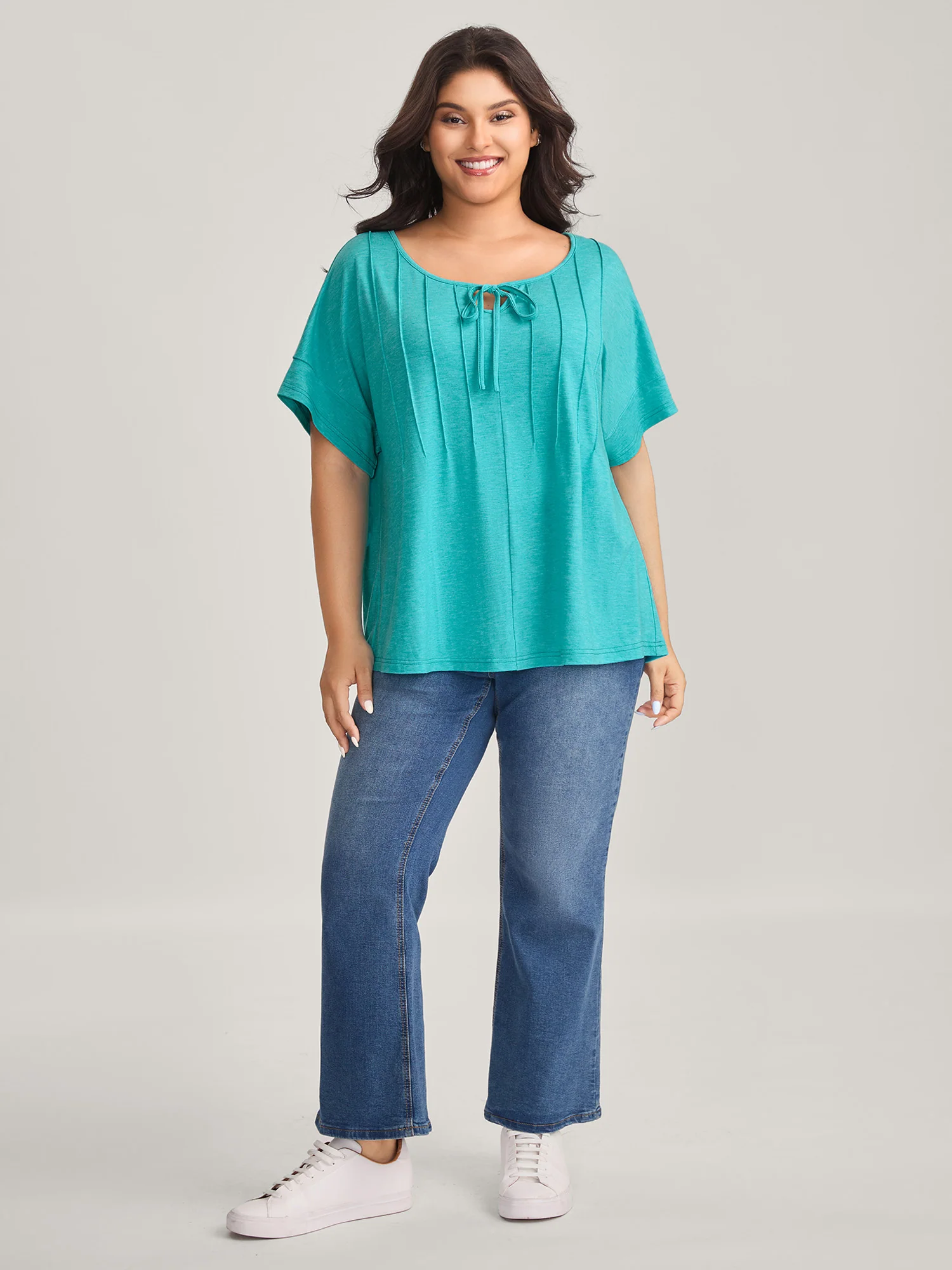Pleated Neck-Tie Solid T-Shirt - Image 3