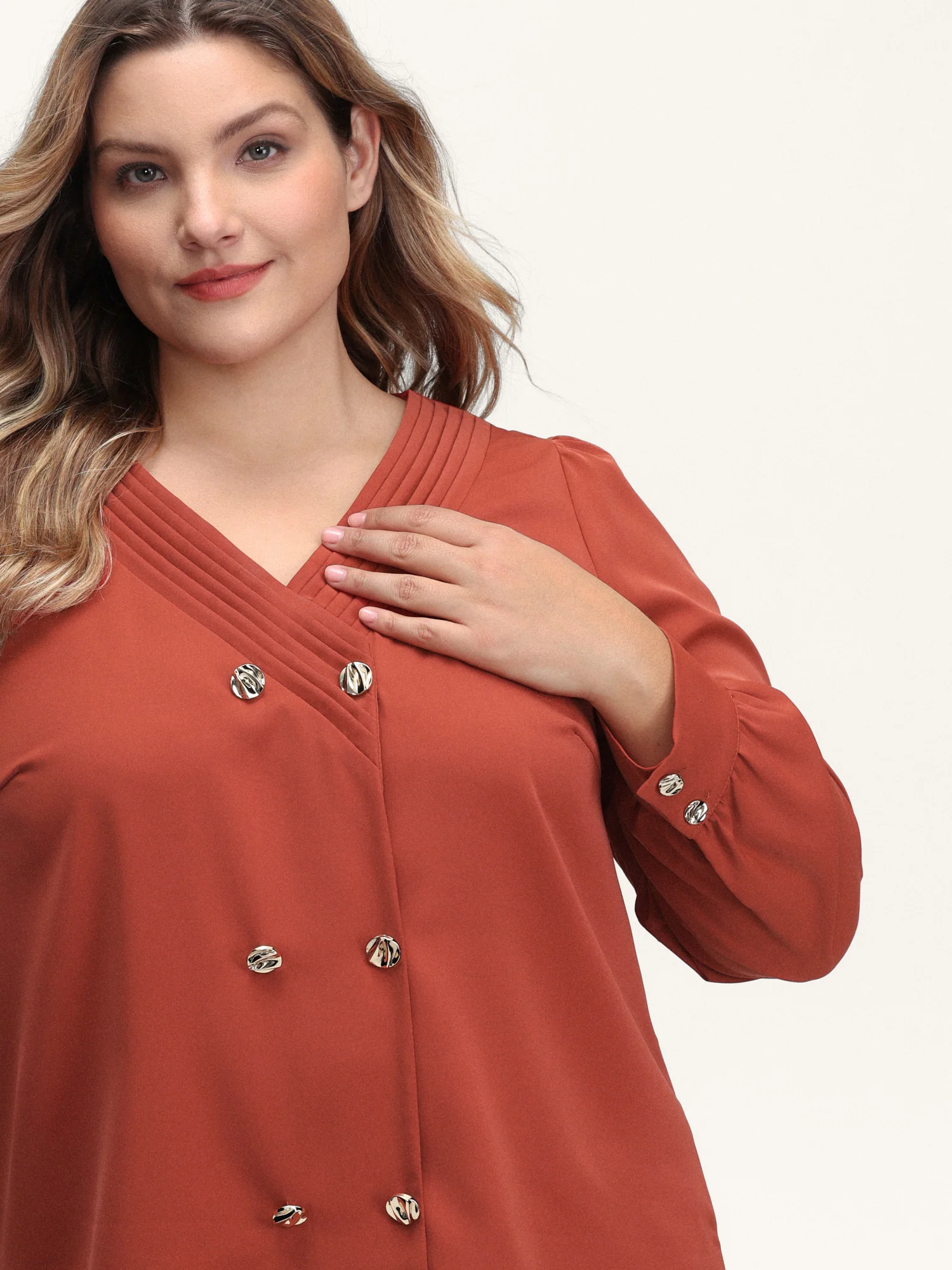Pleated Neckline Metallic Buttons Blouse - Image 2
