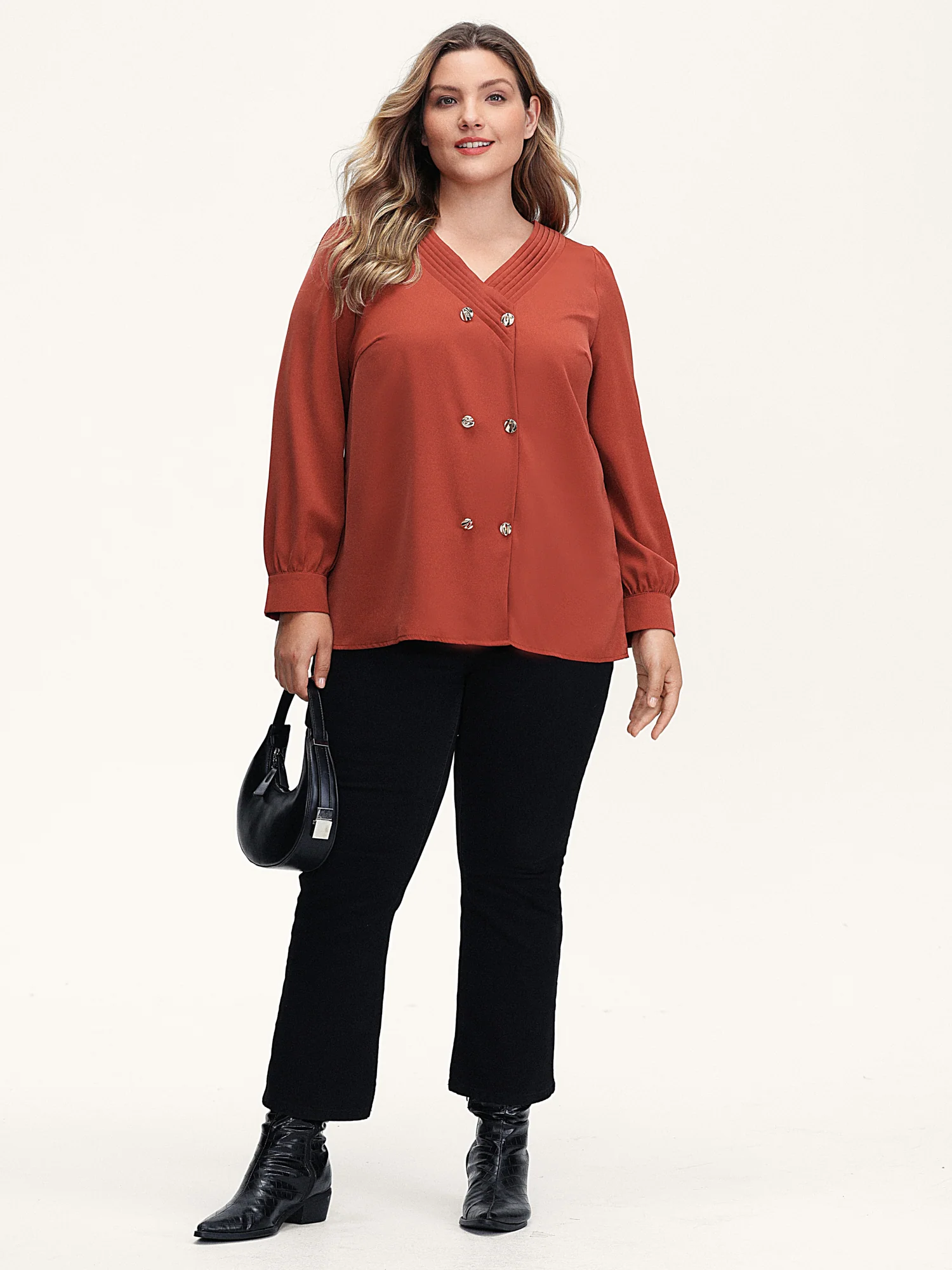 Pleated Neckline Metallic Buttons Blouse - Image 3