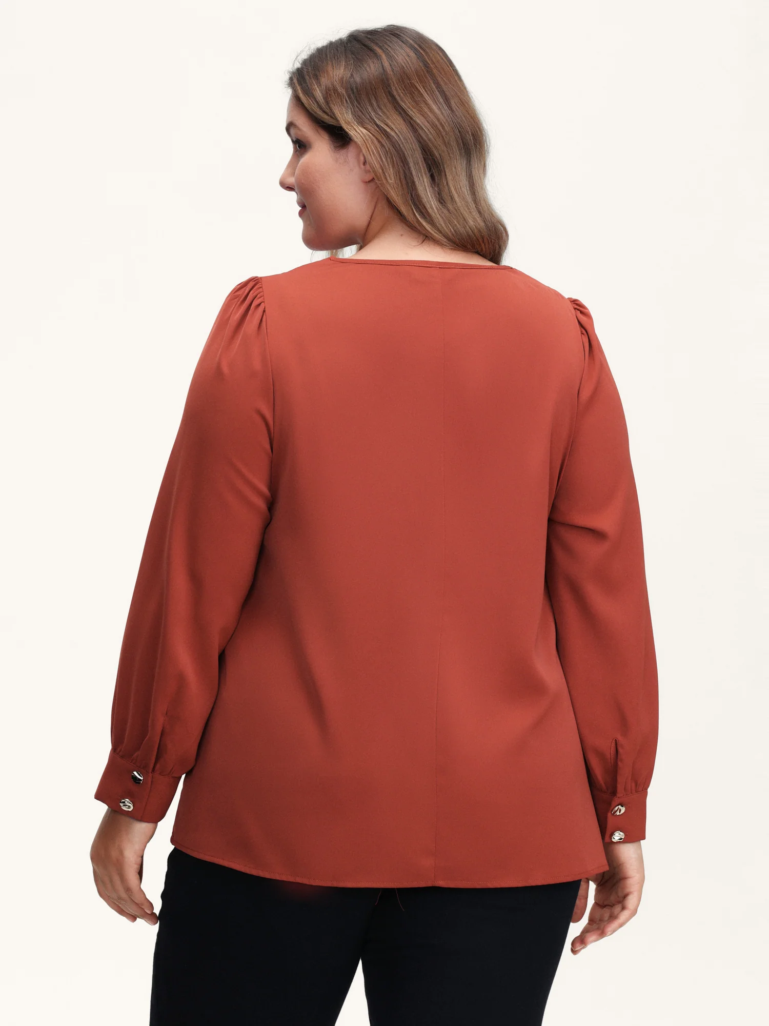 Pleated Neckline Metallic Buttons Blouse - Image 4