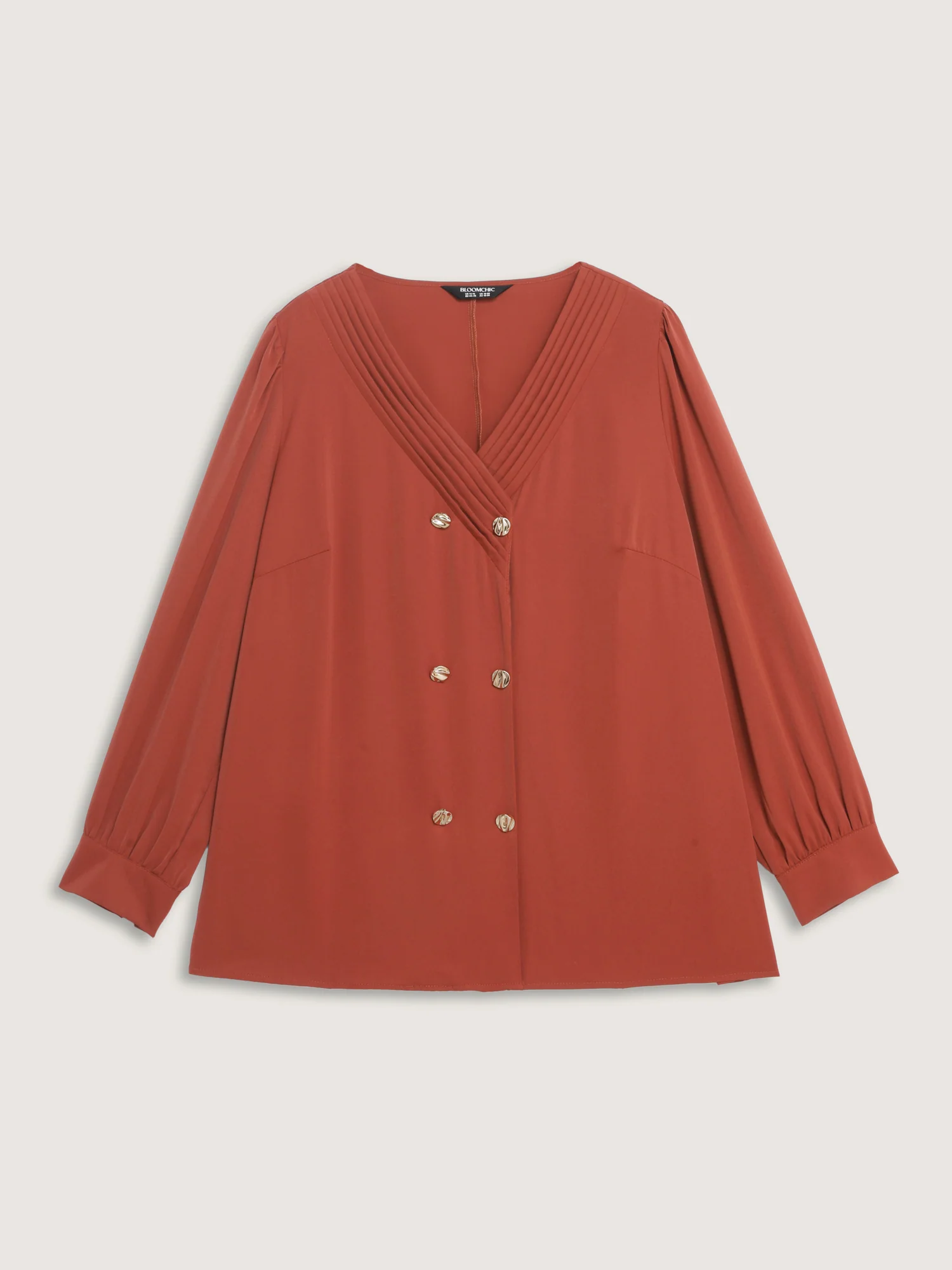 Pleated Neckline Metallic Buttons Blouse - Image 7