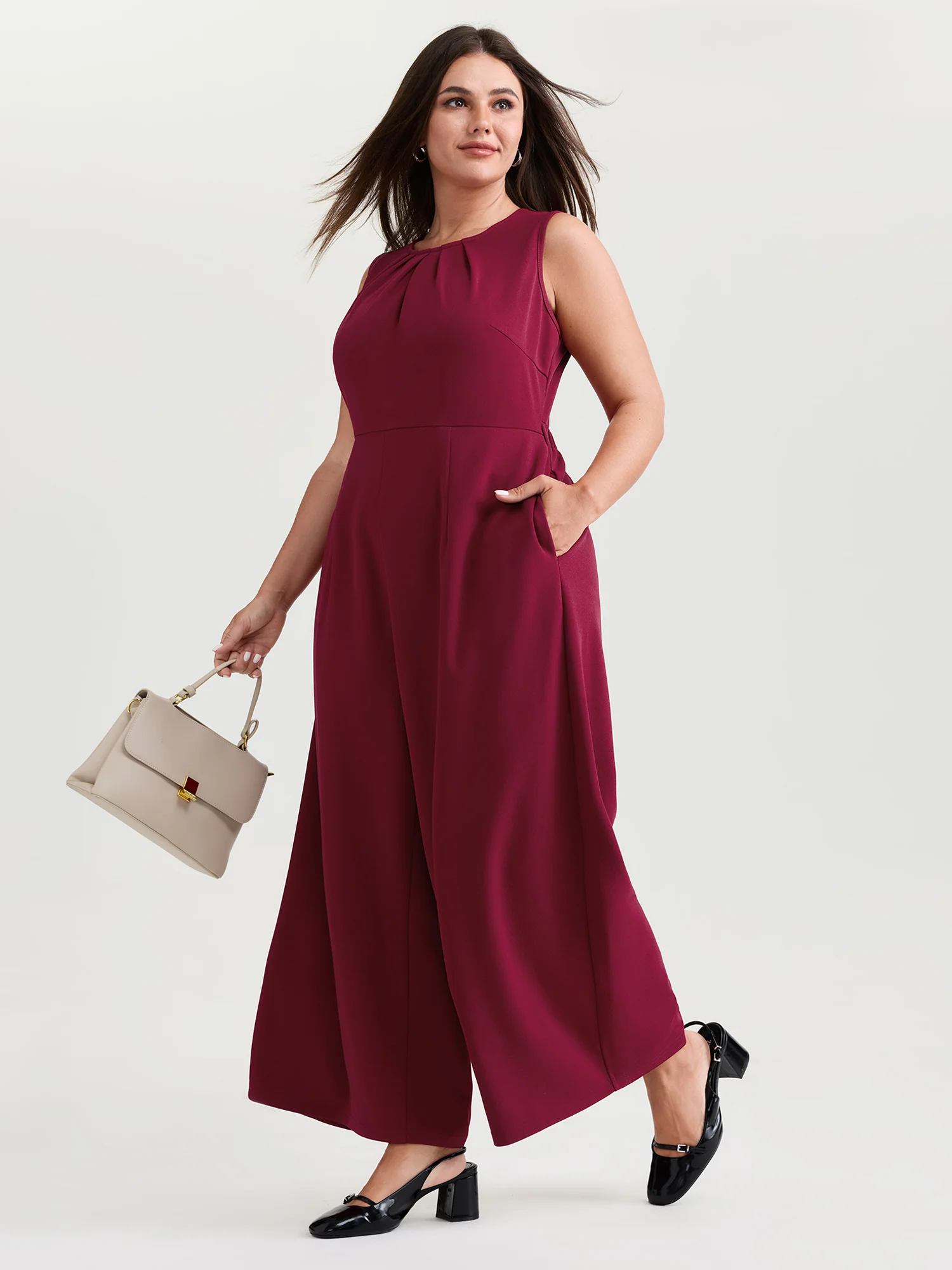 Pleated Neckline Stretchy Waist Jumpsuit - Image 3