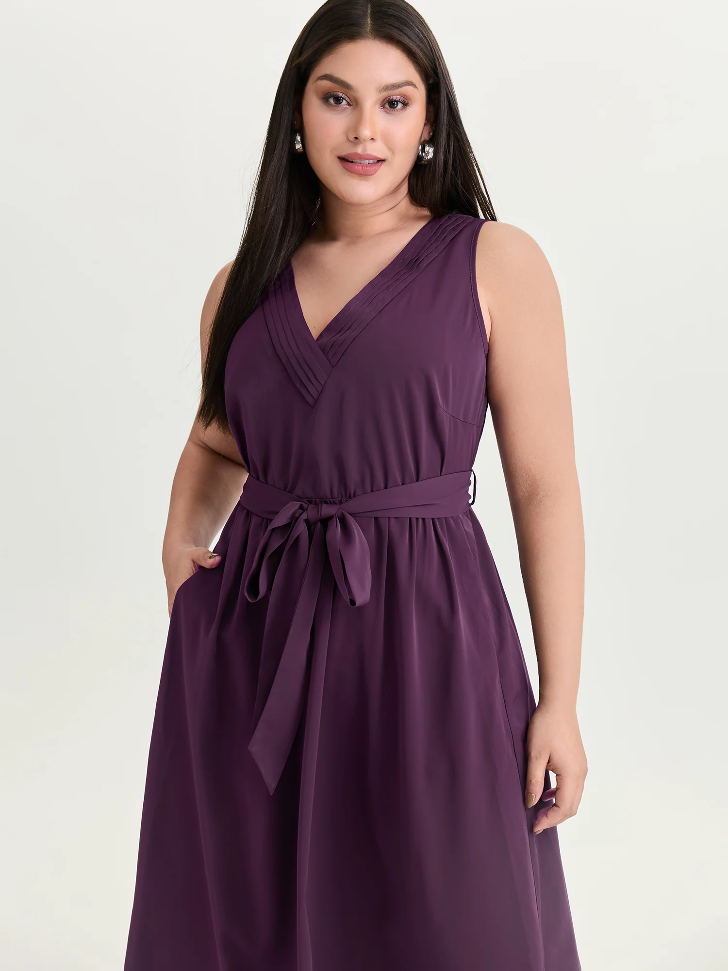 Pleated Neckline Waist-Tie Flowy Midi Dress - Image 2