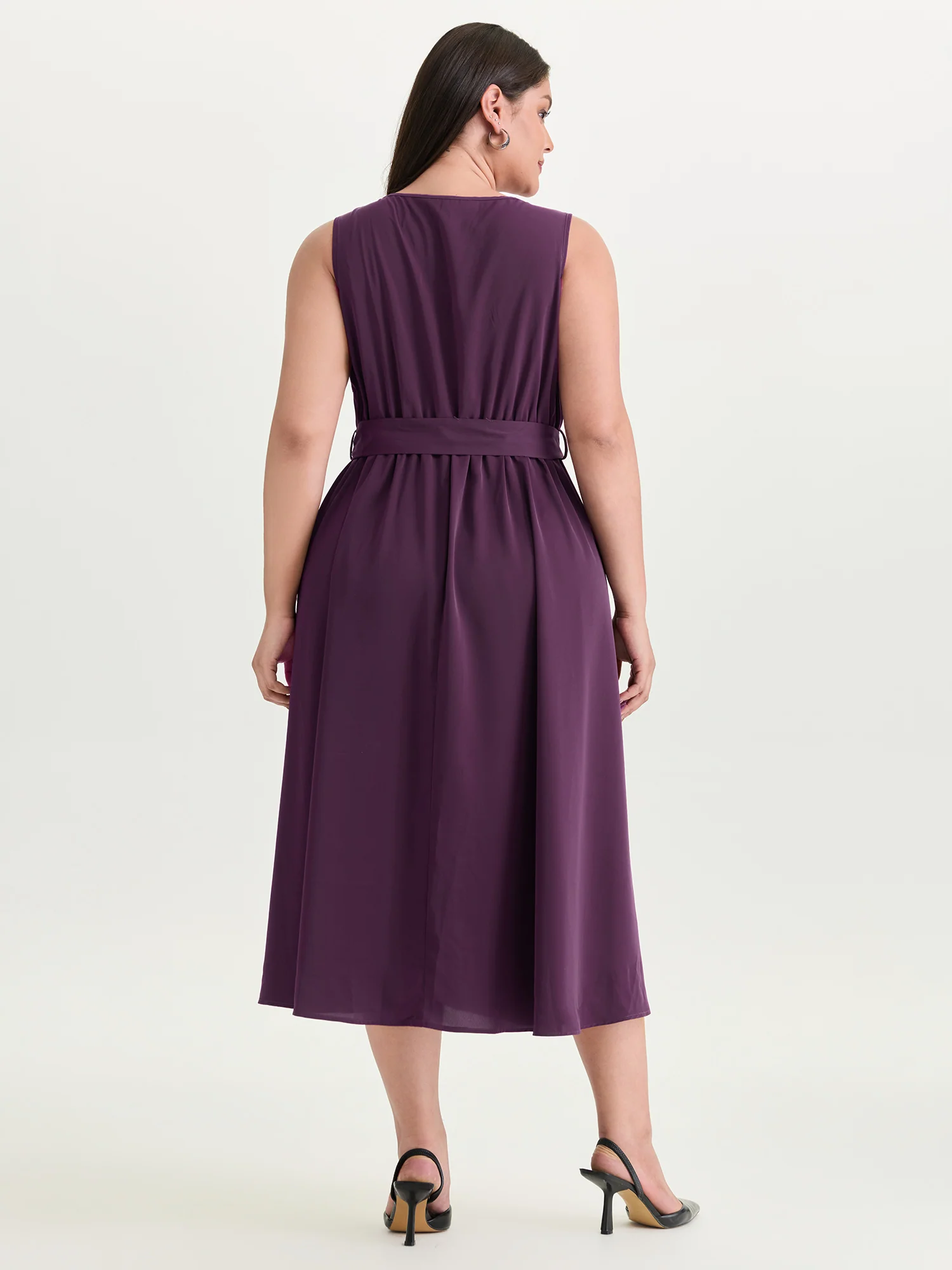 Pleated Neckline Waist-Tie Flowy Midi Dress - Image 3