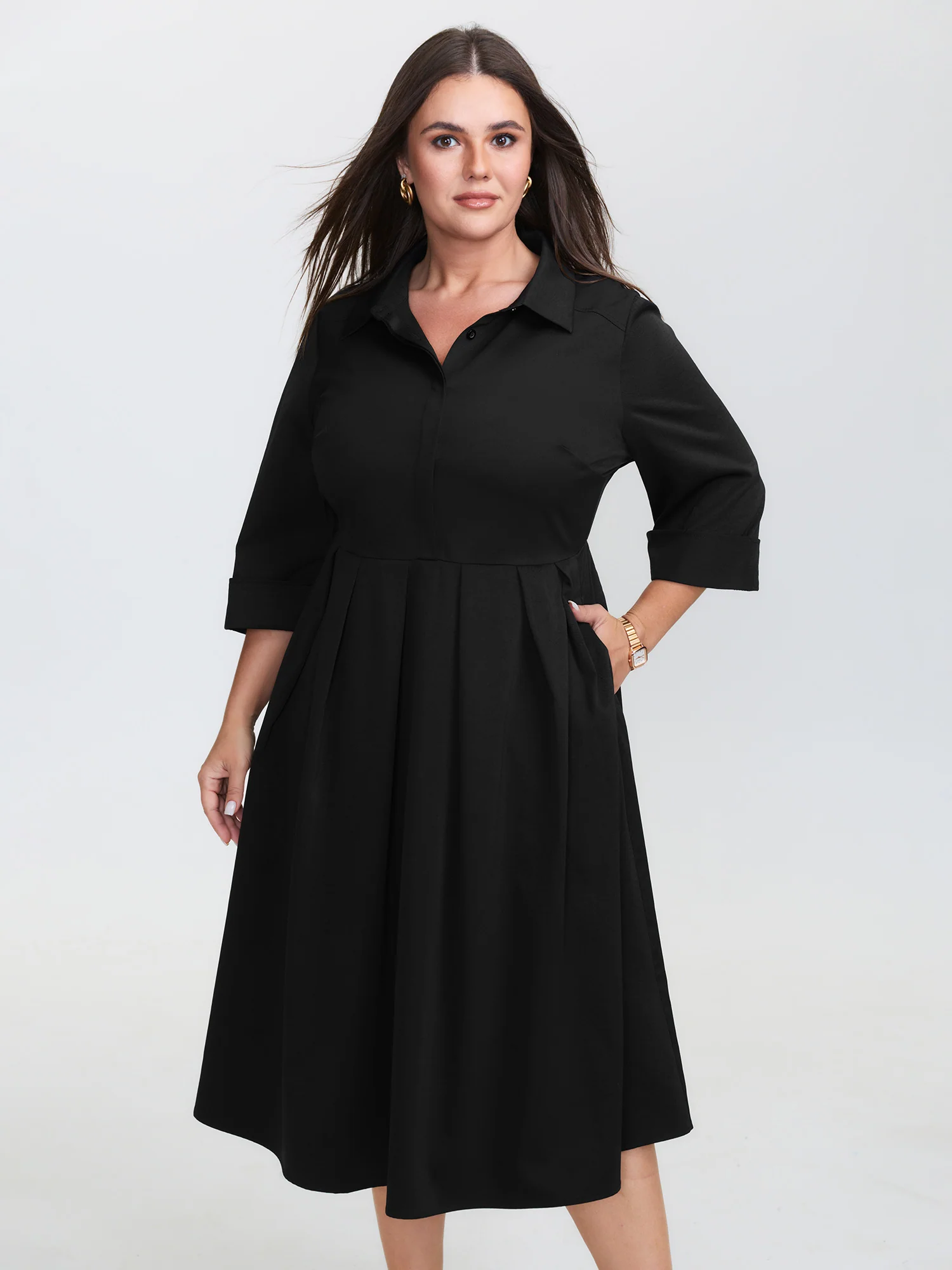 Pleated Placket Flowy Solid Color Midi Dress - Image 2