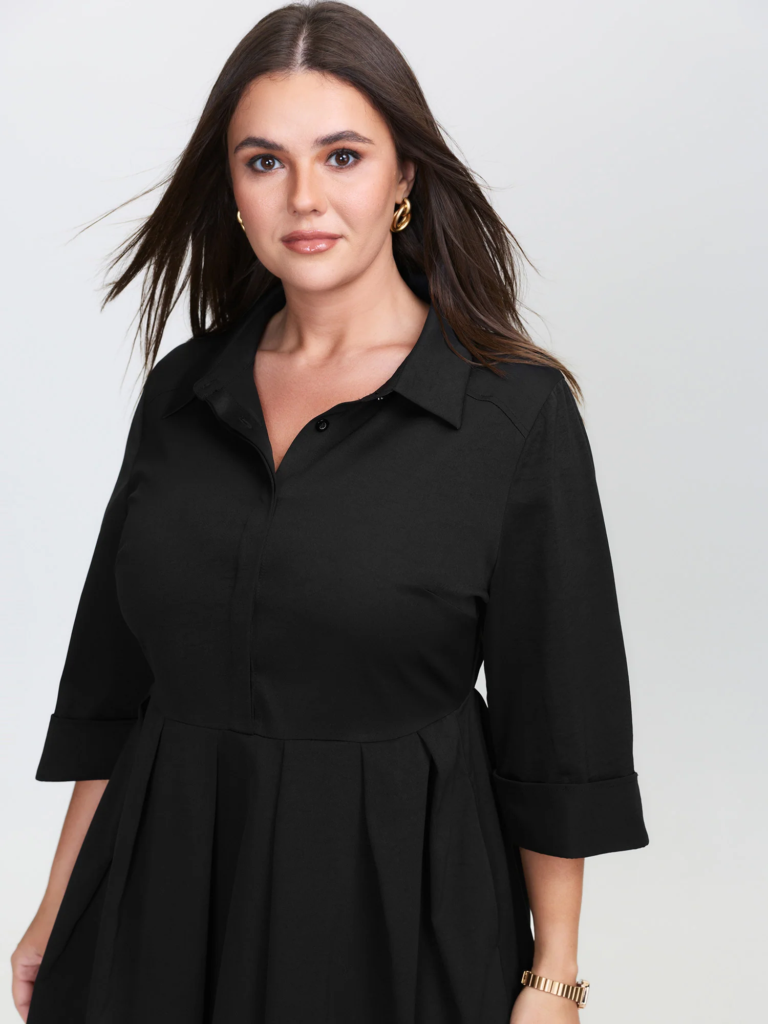 Pleated Placket Flowy Solid Color Midi Dress - Image 3