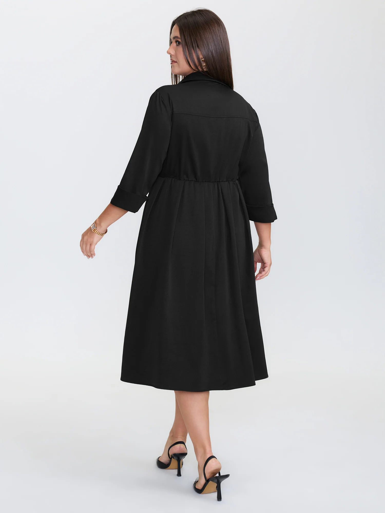 Pleated Placket Flowy Solid Color Midi Dress - Image 4