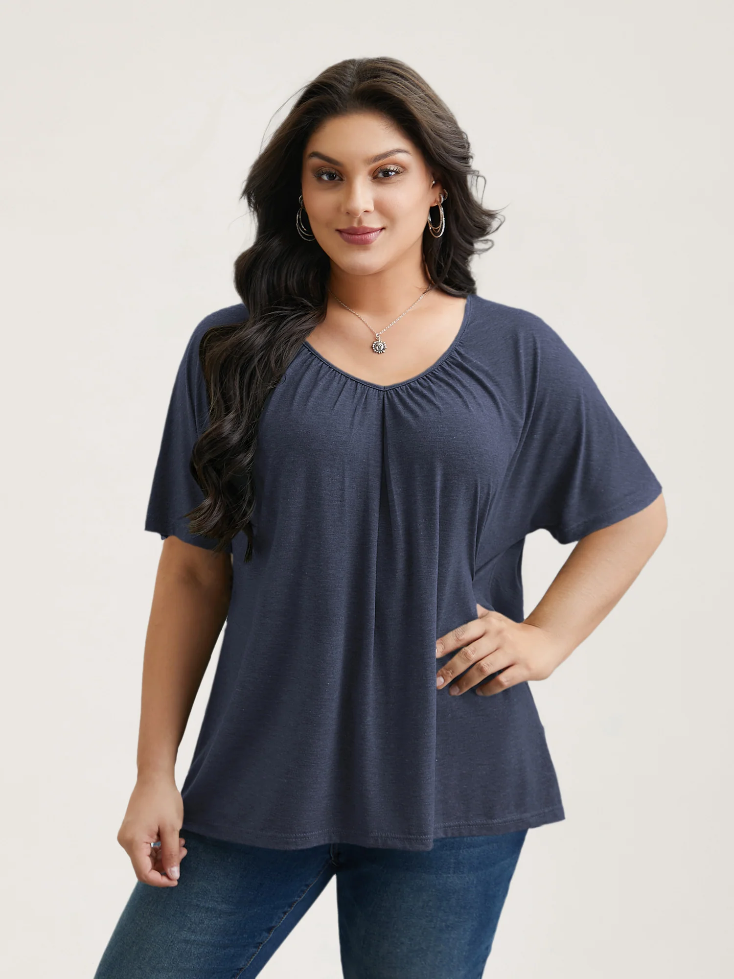 Pleated Plain Half-Sleeve Knit Top - Image 12