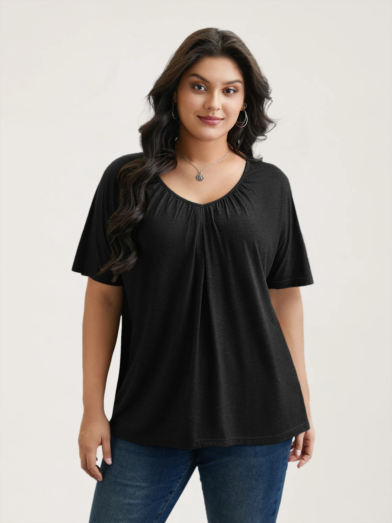 Pleated Plain Half-Sleeve Knit Top - Image 14