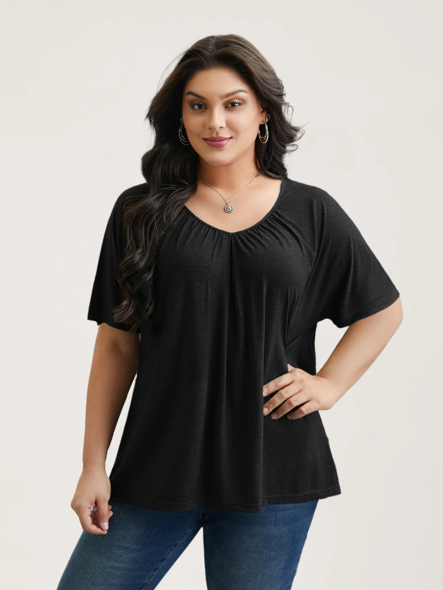 Pleated Plain Half-Sleeve Knit Top - Image 17