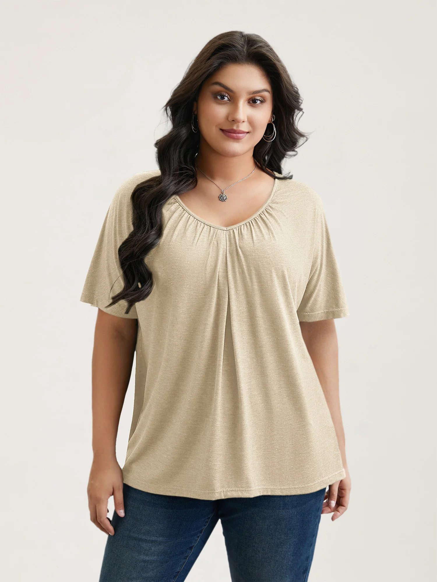 Pleated Plain Half-Sleeve Knit Top - Image 19
