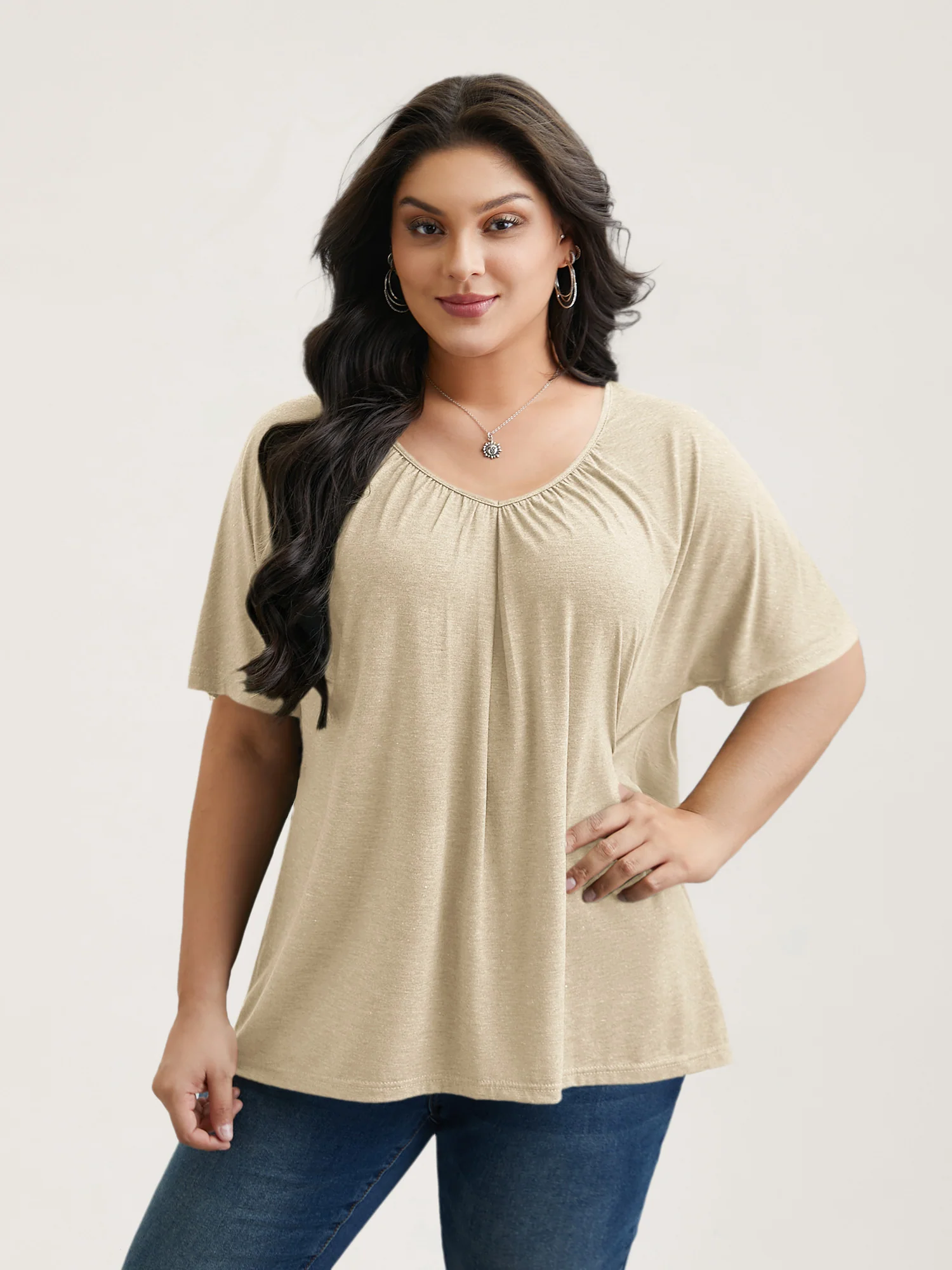 Pleated Plain Half-Sleeve Knit Top - Image 22