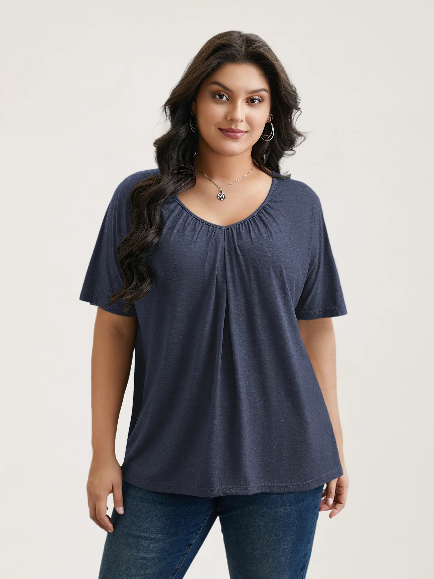 Pleated Plain Half-Sleeve Knit Top - Image 9