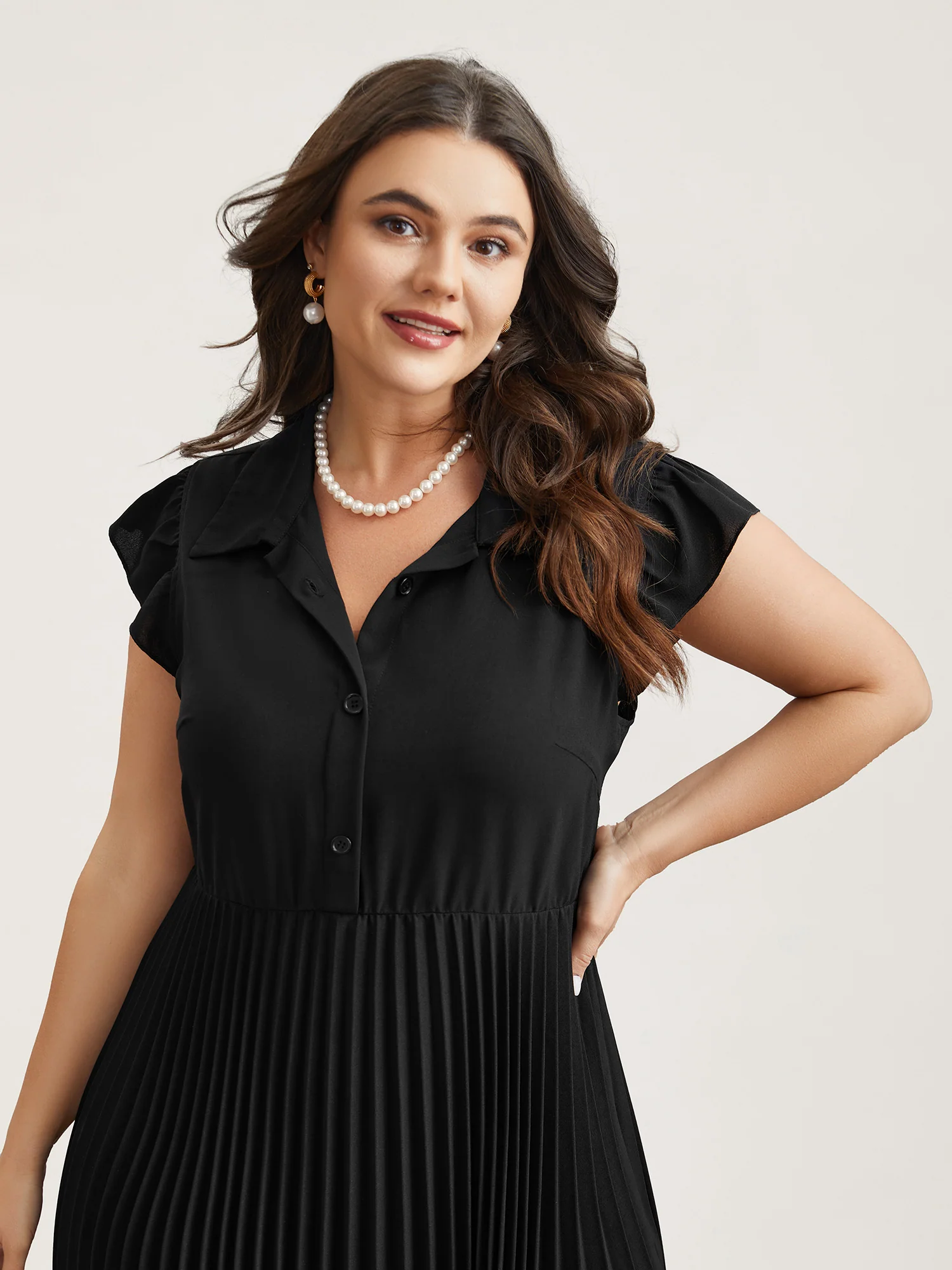 Pleated Shirt Collar Solid Midi Dress - Image 2