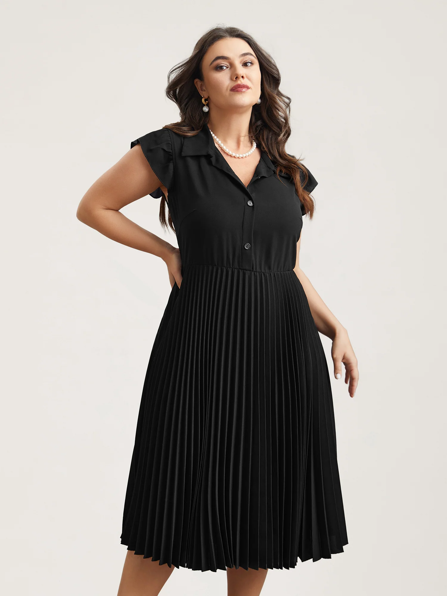 Pleated Shirt Collar Solid Midi Dress - Image 3