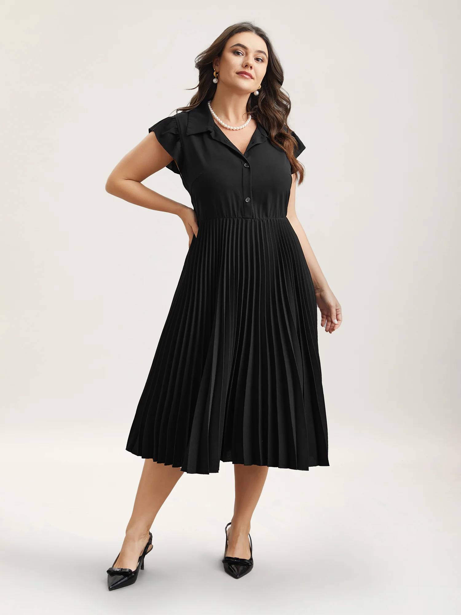 Pleated Shirt Collar Solid Midi Dress - Image 4