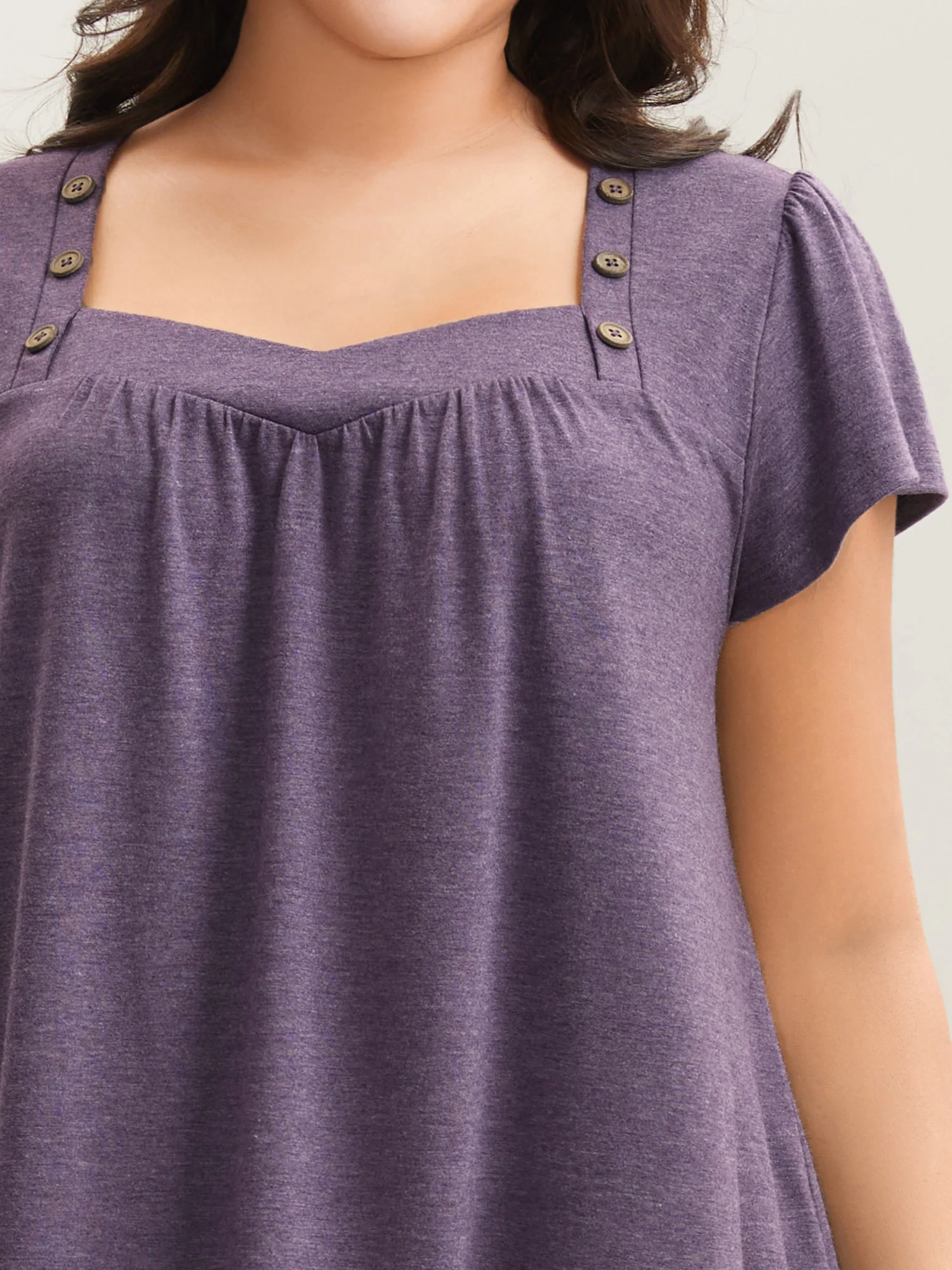Pleated Shoulder Button Plain Relaxed T-Shirt - Image 2