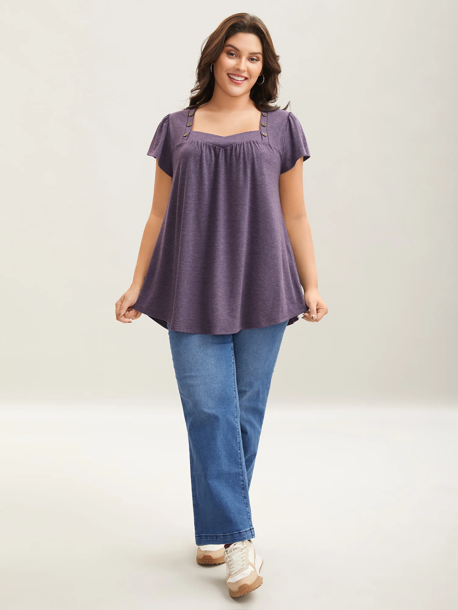 Pleated Shoulder Button Plain Relaxed T-Shirt - Image 3