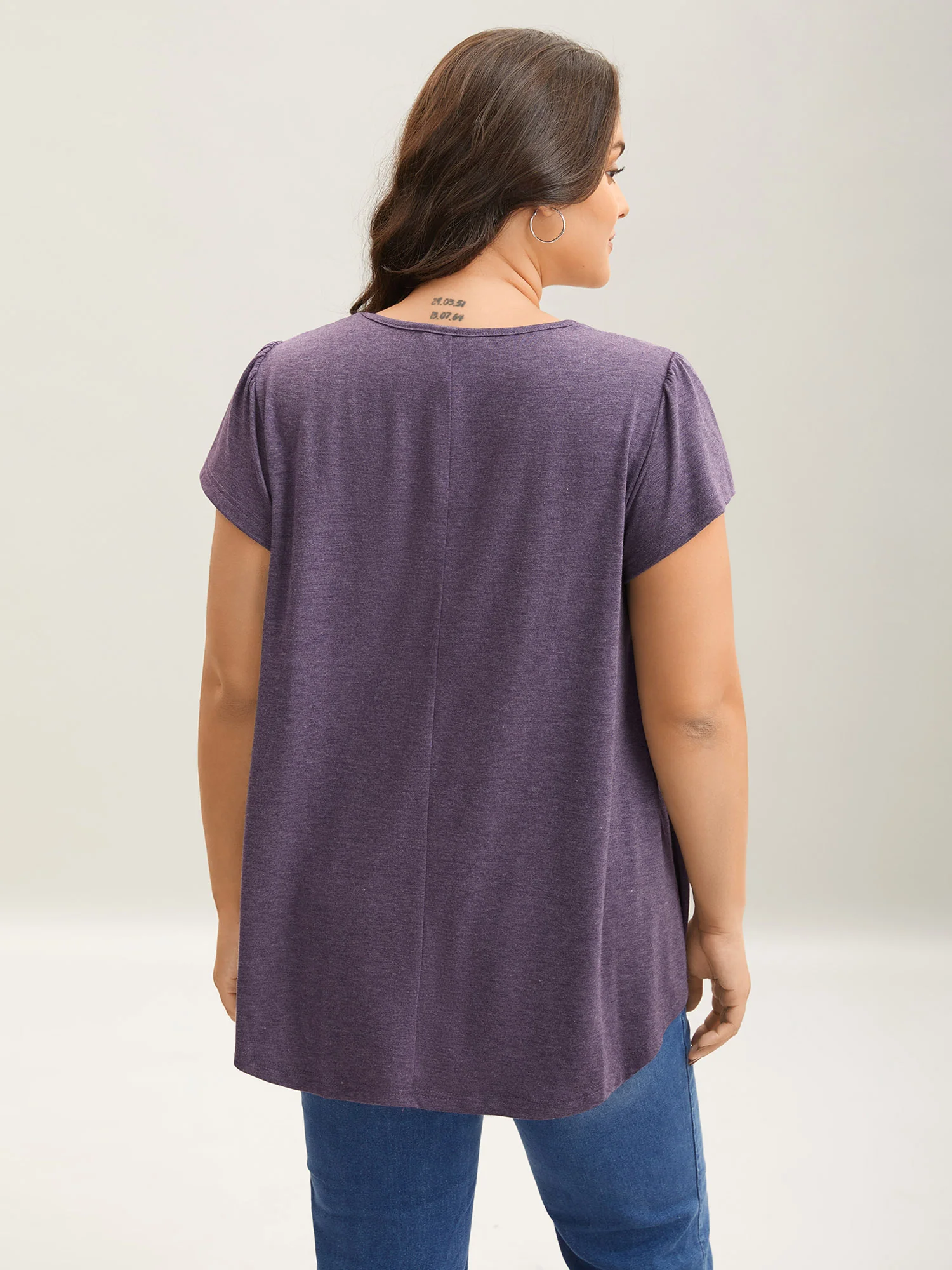 Pleated Shoulder Button Plain Relaxed T-Shirt - Image 4