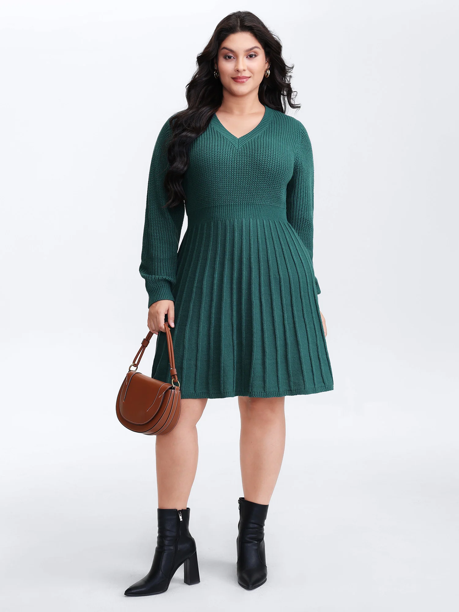 Pleated Skirt Tissue Texture Knit Knee-Length Dress - Image 3
