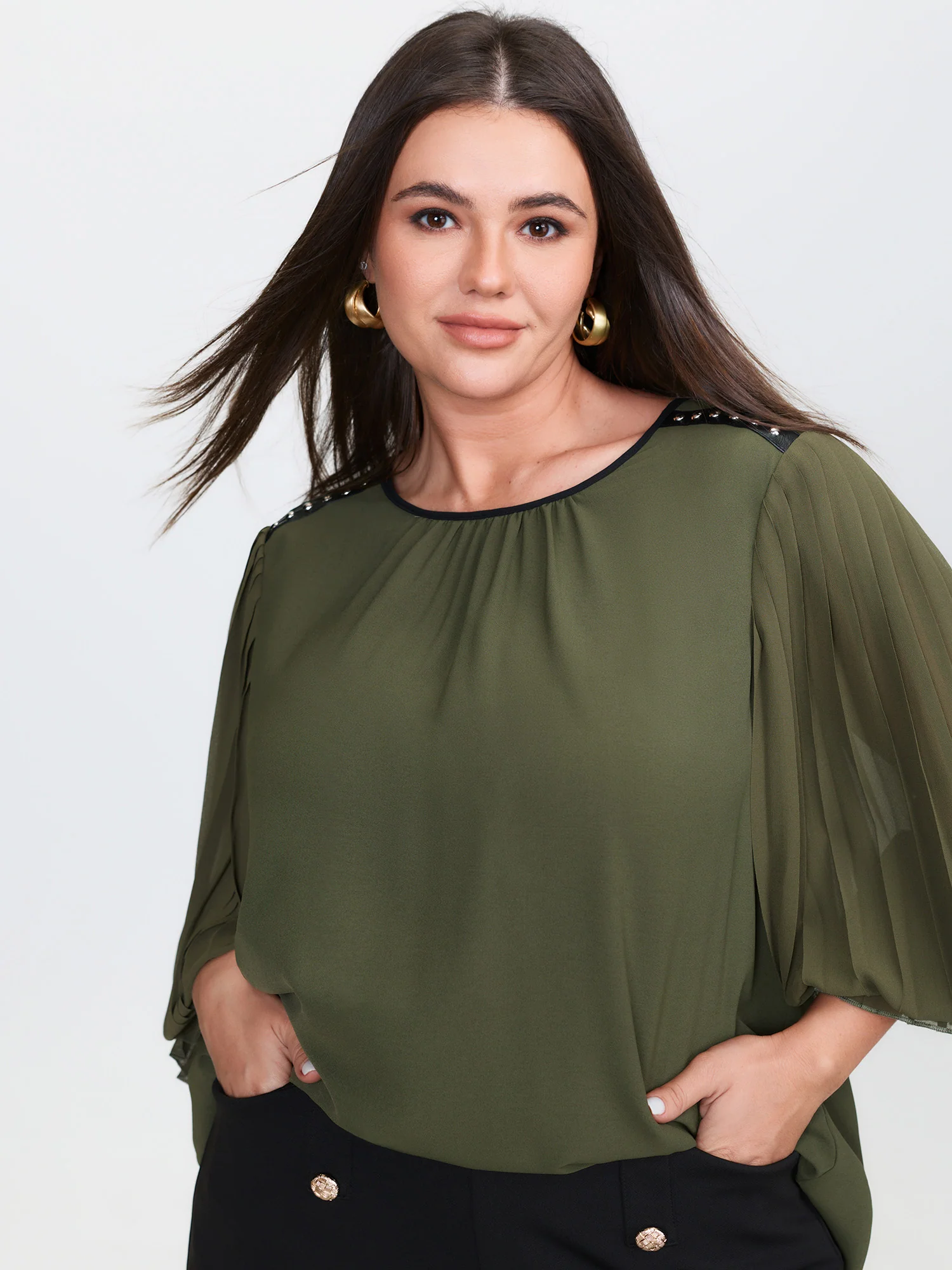 Pleated Sleeve Color Contrast Blouse - Image 2