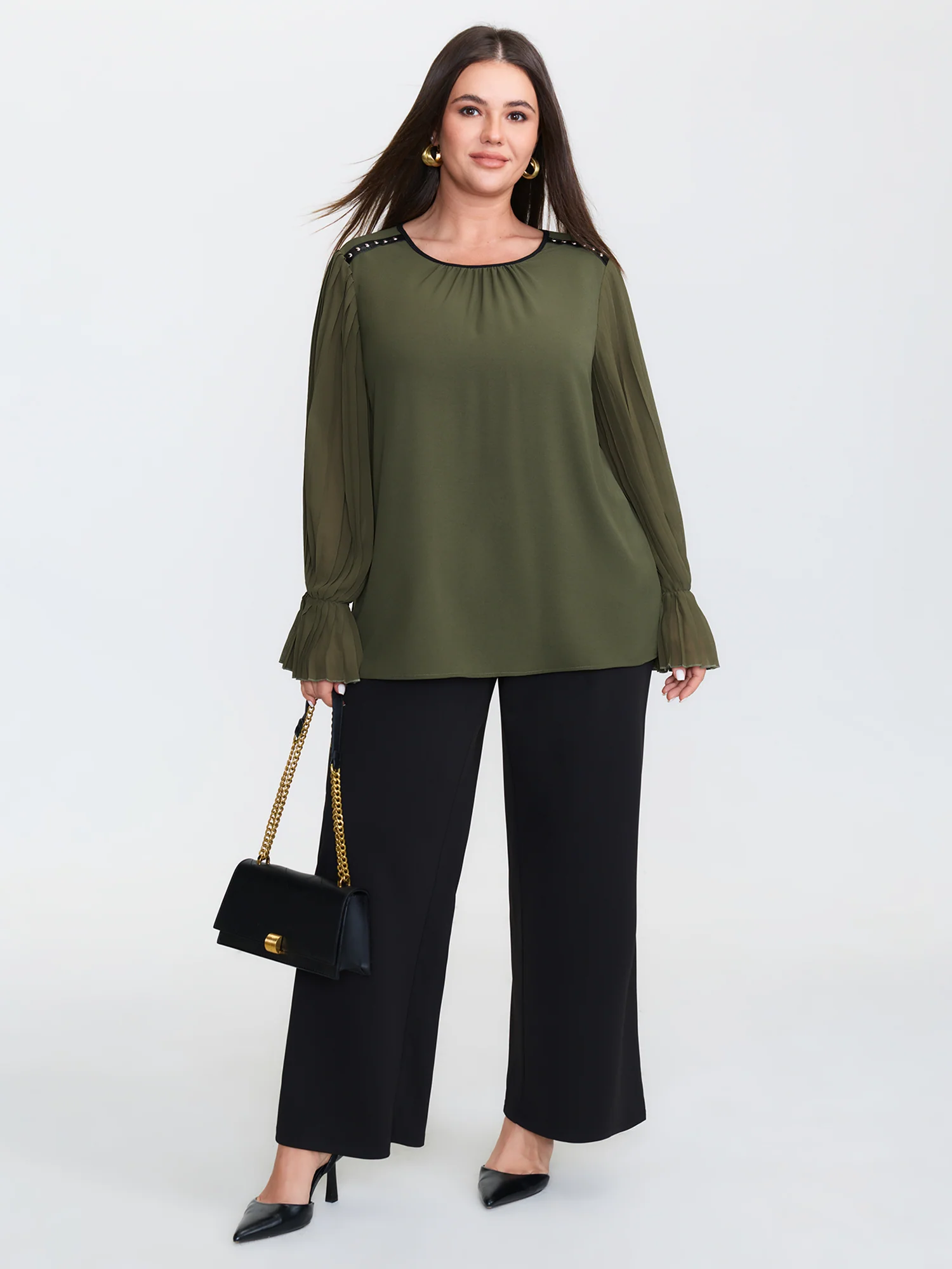 Pleated Sleeve Color Contrast Blouse - Image 3